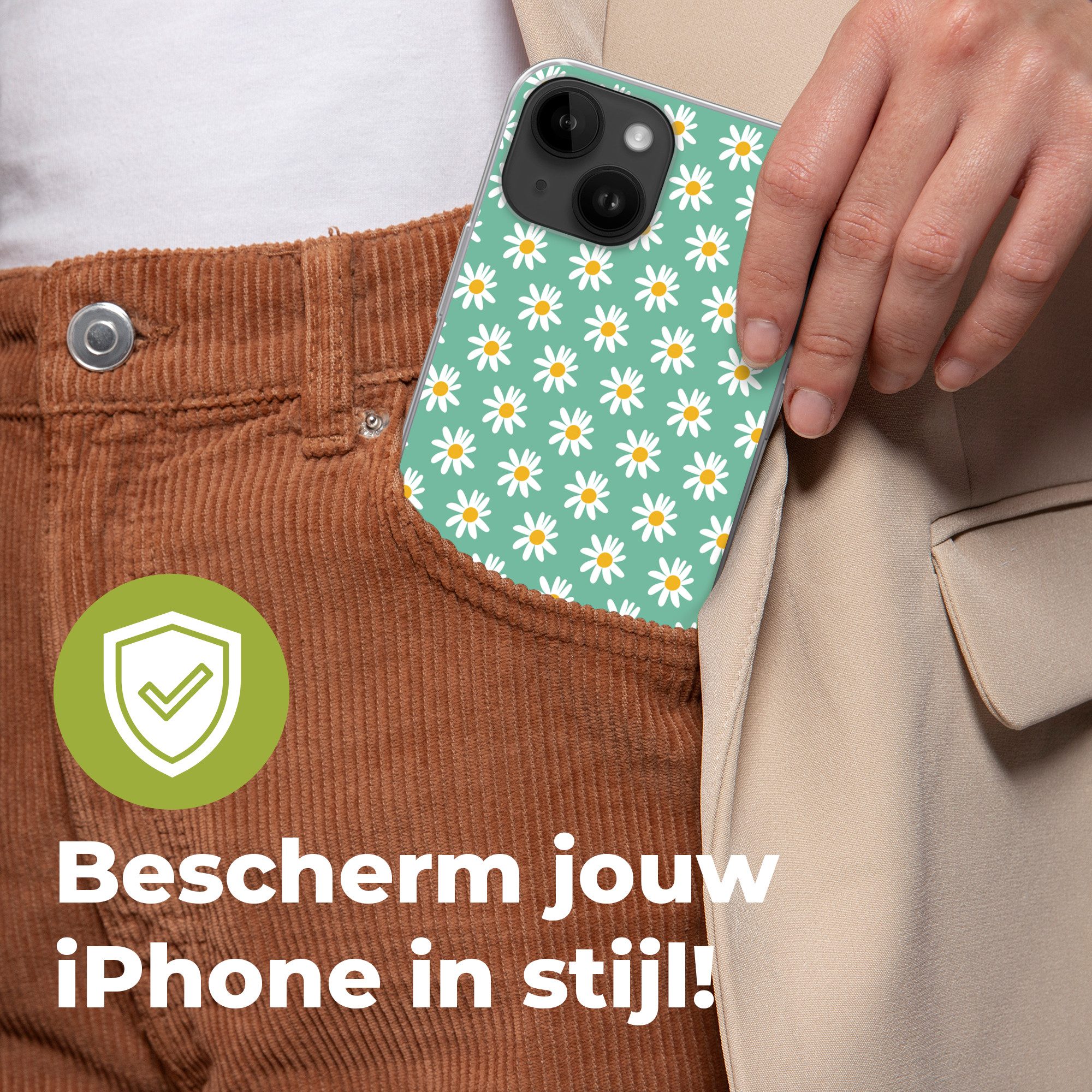 MuchoWow Handyhülle für Apple iPhone 14 Gänseblümchen - Muster - Grün - Blumen, Smartphone-Bumper, Print, Handy Schutzhülle Dünn
