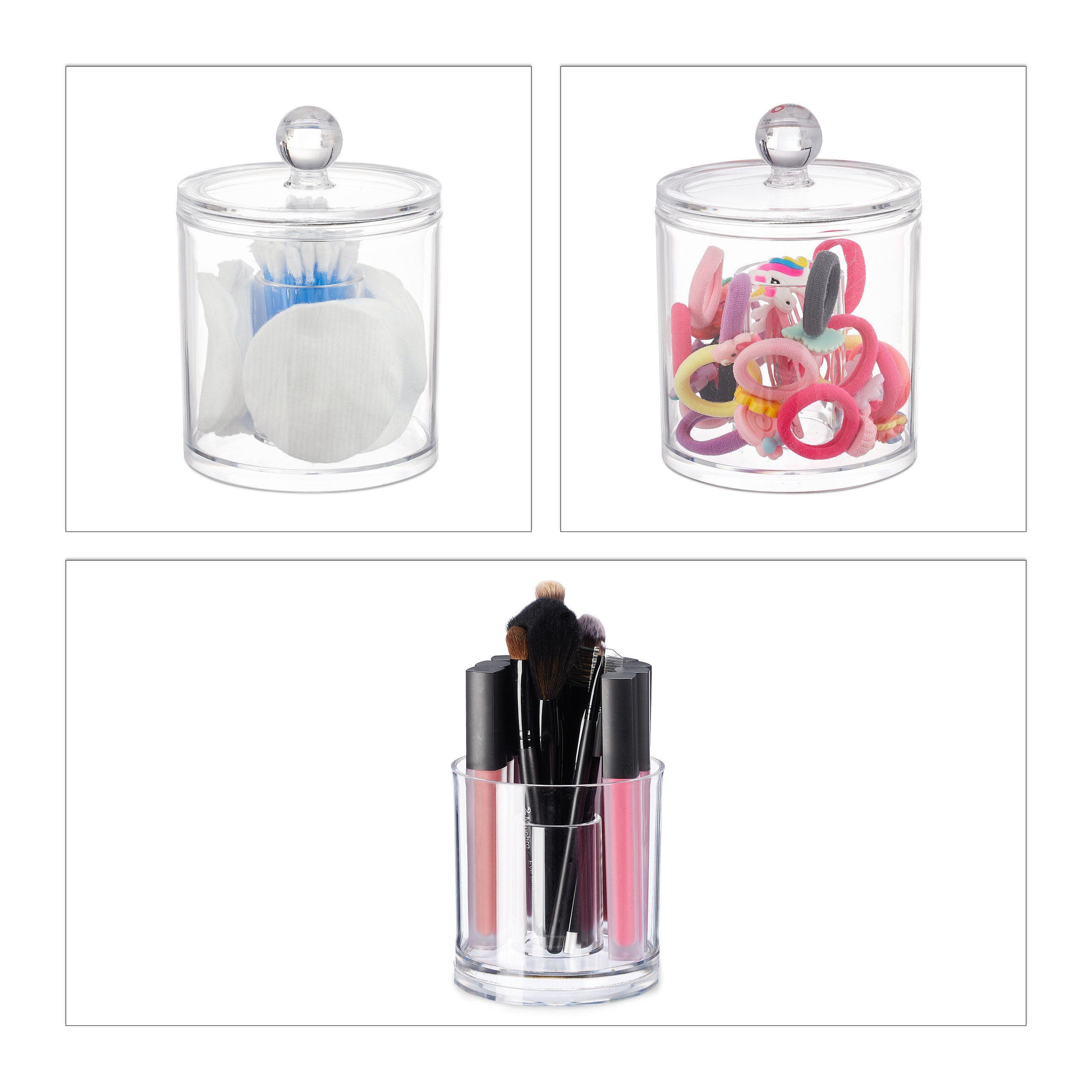 relaxdays Wattestäbchenspender Wattestäbchen Aufbewahrung 3er Set, transparent