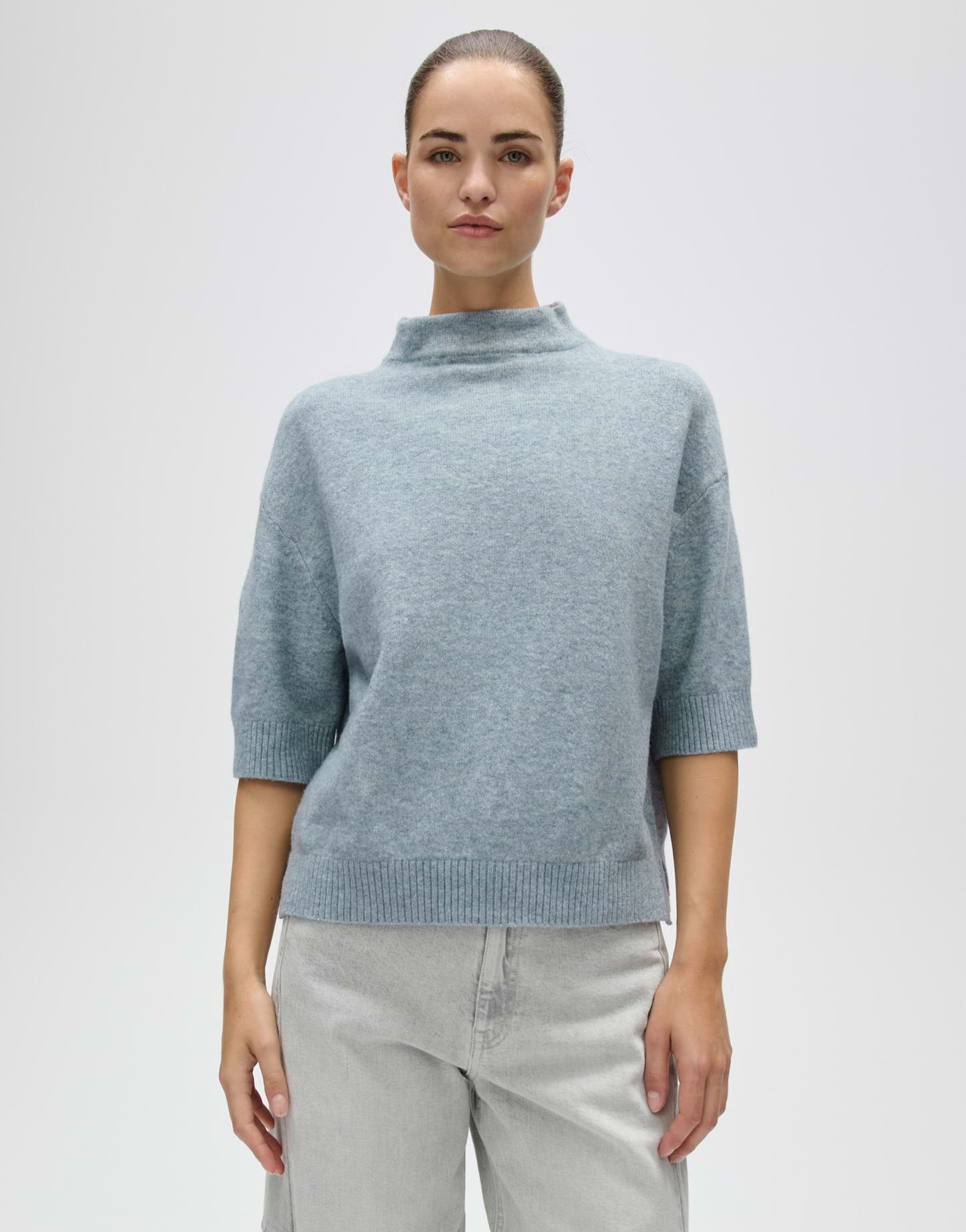 OPUS Strickpullover Pifko aus Feinstrick mit glattem Griff Verkürzte Boxy-Silhouette mit überschnittener Schulter und Funnel Neck