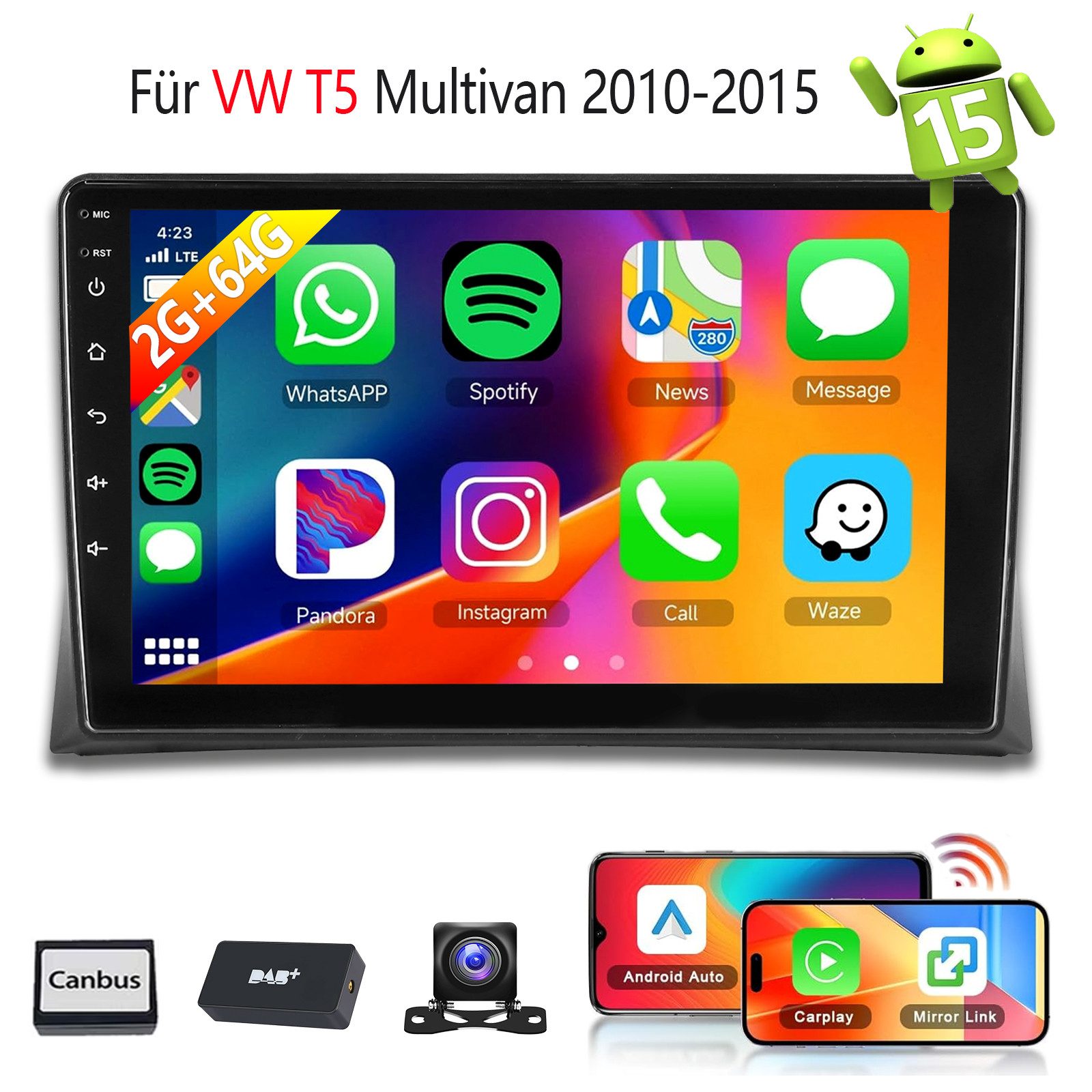 ESSGOO DAB+ Android15 Carplay Autoradio GPS Für VW T5 Multivan 2010-2015 2DIN Autoradio (RDS, 2DIN, 4+64GB(optional), Digitalradio (DAB), FM, AM, Carplay Android Auto Bluetooth EQ USB GPS Navi WIFI Touchscreen)