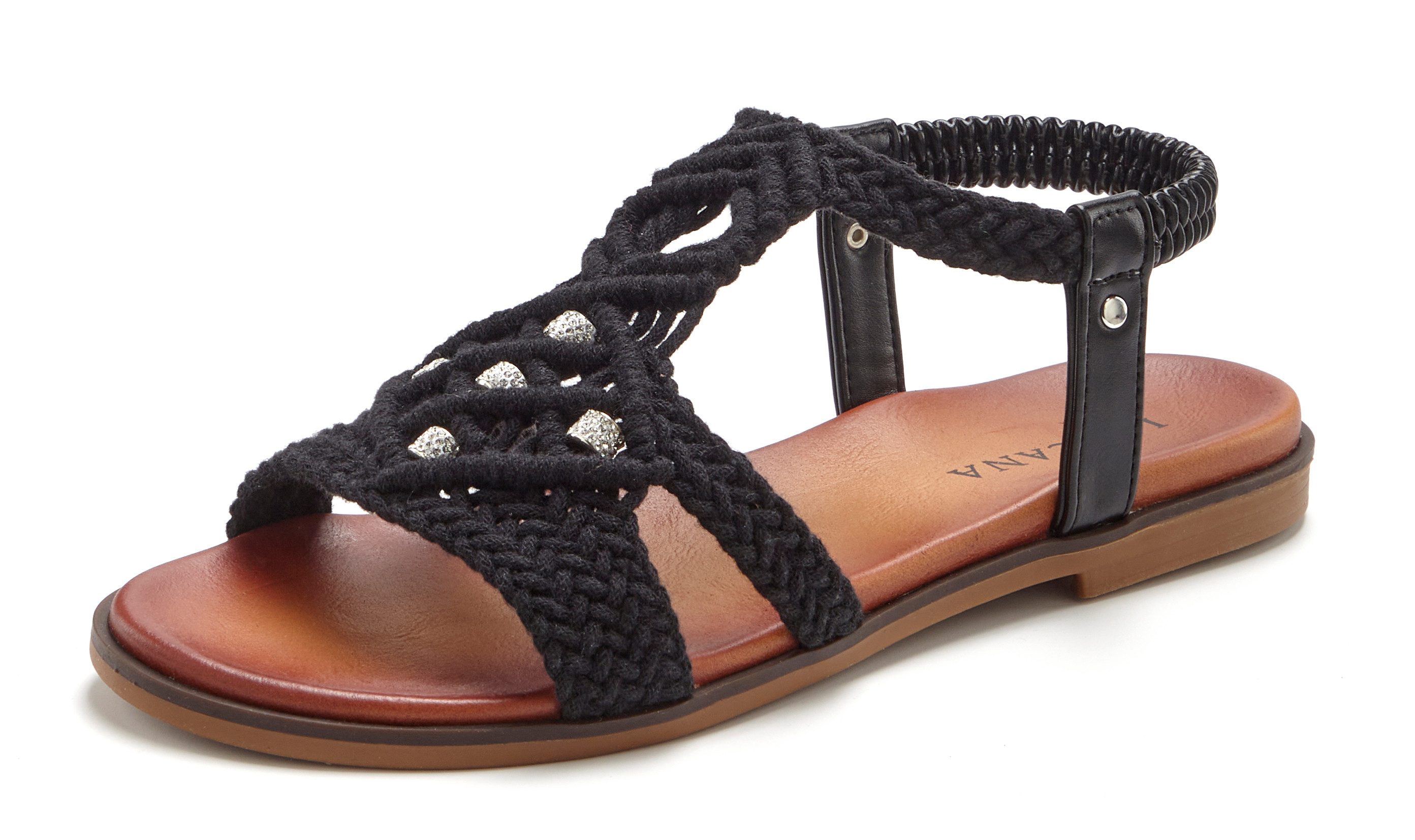 LASCANA Sommerschuh, offener Schuh, Pantolette, Sandale in trendiger Häkeloptik, Glitzerdetails und elastischen Riemchen