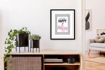 queence Bild mit Rahmen Think Happy & be Happy - Gerahmter Digitaldruck - Wandbild, Spruch (1 St), Holzrahmen - Dekoration - Schwarzer Rahmen - in verschiedenen Größen