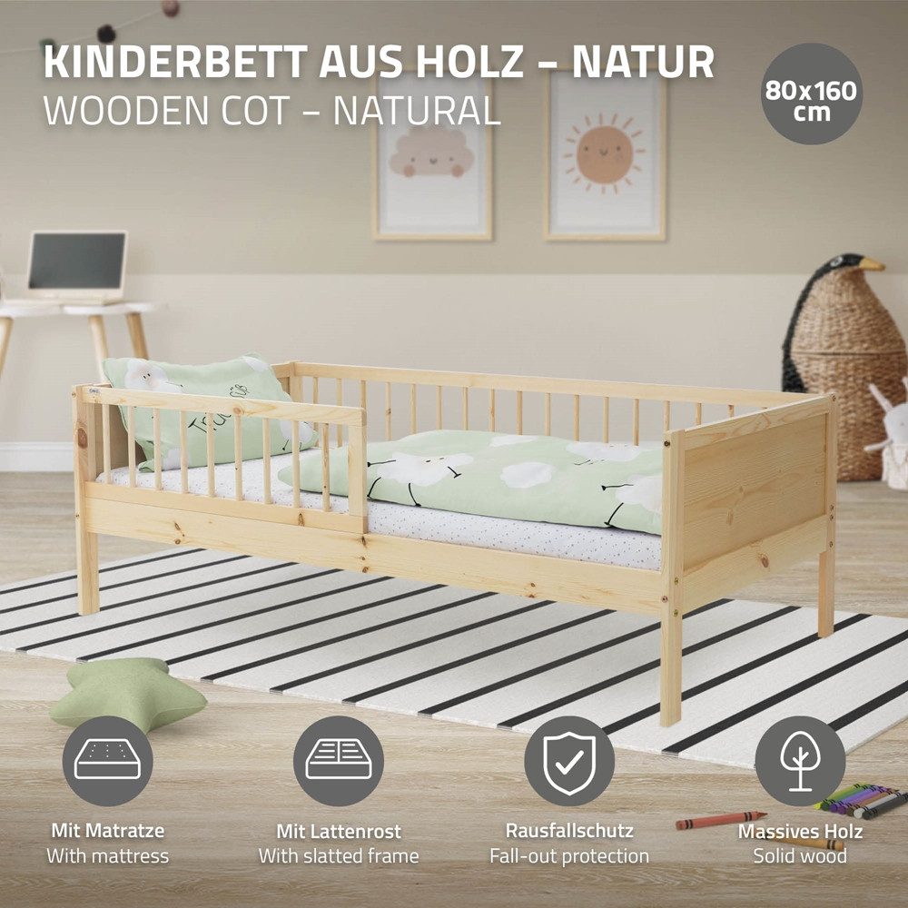 ML-DESIGN Jugendbett Bodenbett Juniorbett inkl. Lattenrost Einzelbett für Kinder Kinderbett, Junior-Bett mit Rausfallschutz & Matratze Bettrahmen aus MDF / Kief – Bild 2 von 5
