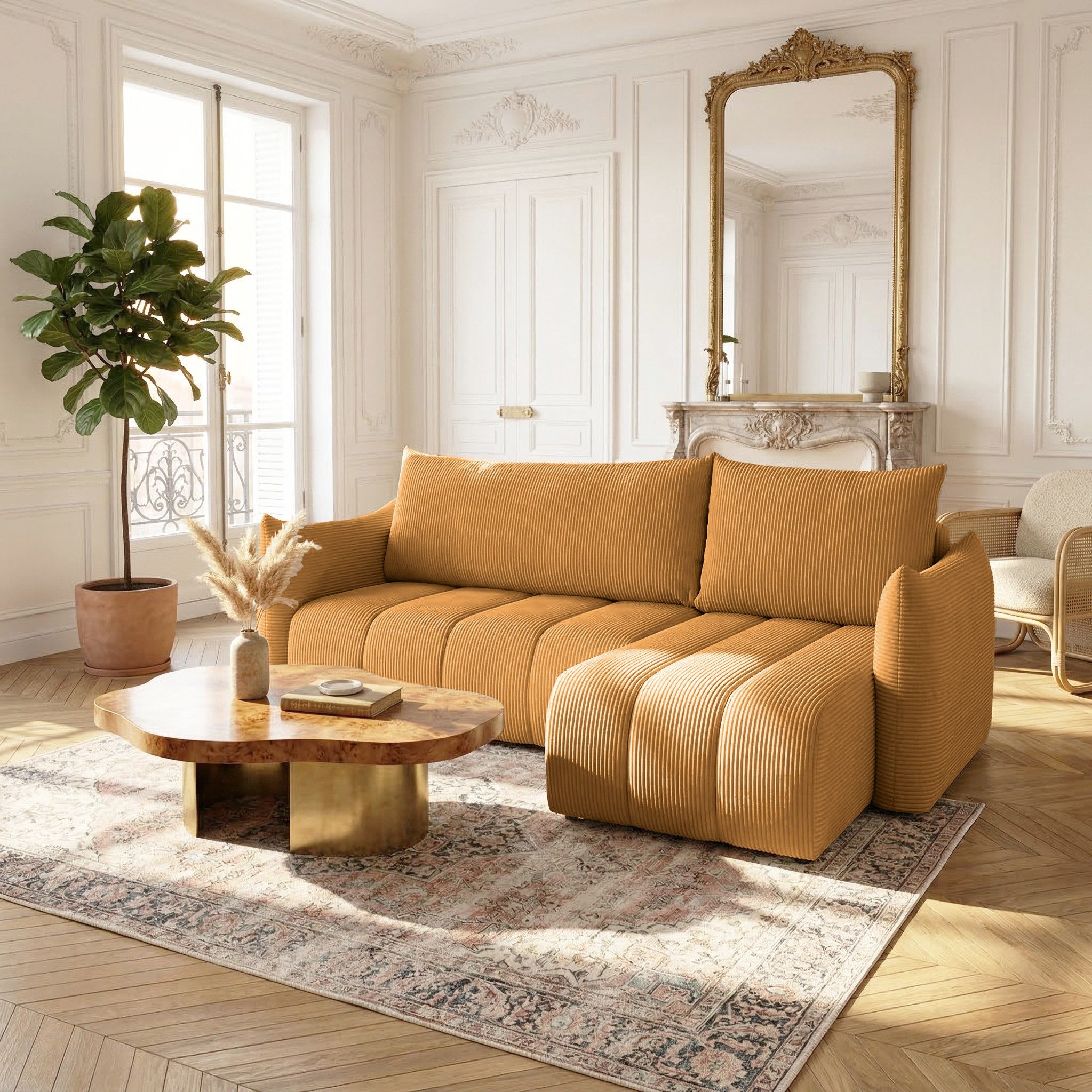 Fun Möbel Ecksofa Schlafsofa ONTARIO XS mit Ottomane in Cordstoff Poso, Rücken echt bezogen, mit Bettkasten und Liegefunktion