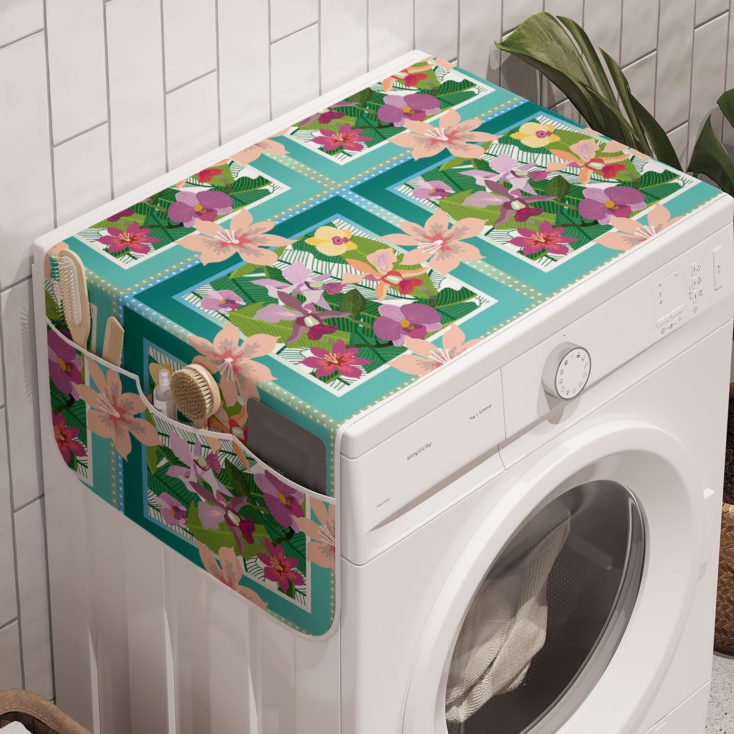 Abakuhaus Badorganizer Anti-Rutsch-Stoffabdeckung für Waschmaschine und Trockner, Blumen Exotische Blüten-Bouquets Palms