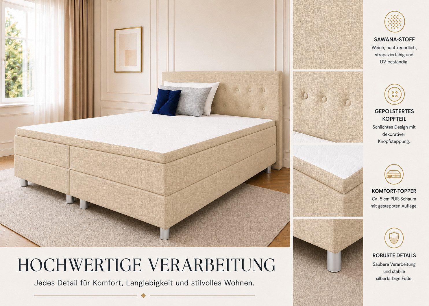 Best for Home Boxspringbett mit gepolstertem Kopfteil, komfortabler Bonnell-Matratze & 5 cm Topper (Boxspringbett-Set mit Matratze und Topper, 1-St., 90x200 120 – Bild 4 von 5