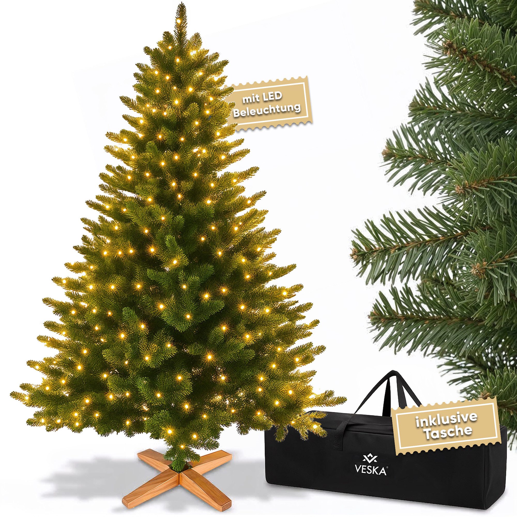 VESKA Künstlicher Weihnachtsbaum Naturgetreu mit Holzständer, Tannenbaum 140cm / 180 cm, Nordmanntanne, dichte Zweige, mit Aufbewahrungstasche, LED Beleuchtung