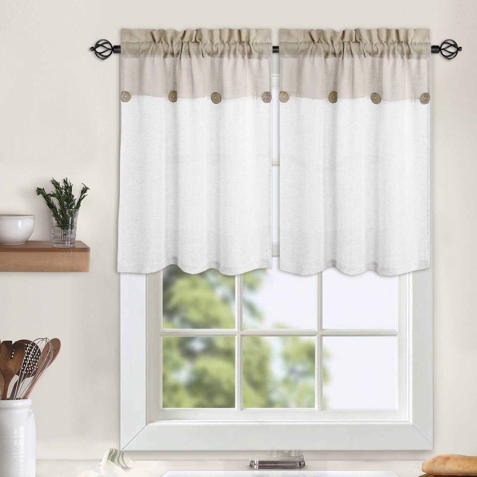 GarveeMore Gardine Scheibengardine Landhaus Fensterdeko Patchwork Querbehang Panneaux (1 St), halbtransparent, Aus Leinen-Mix mit Knopf, zweifarbig gestreift, für Küche oder Bad