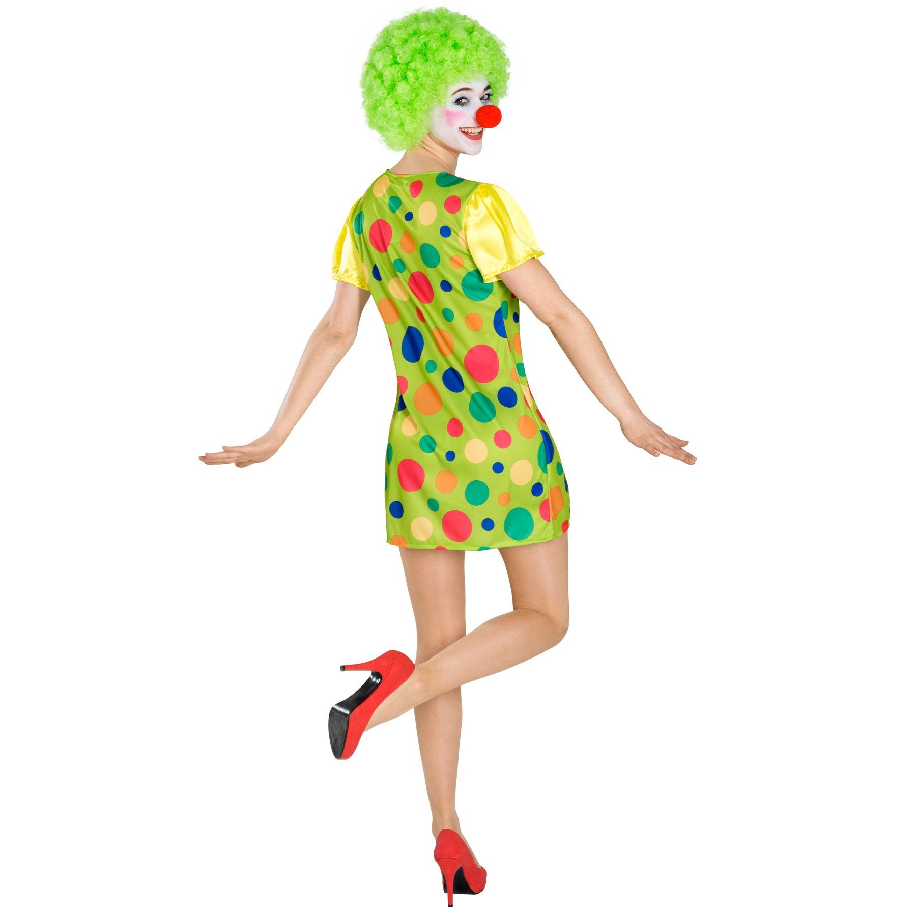 dressforfun Clown-Kostüm Spaßvogel/Komiker, in grün, Gr. XXL, Kurzes buntes Kleid, Kurze, Clown-Nase, Bunte Farben, Aufgenähte große Schleife aus Tüllstoff