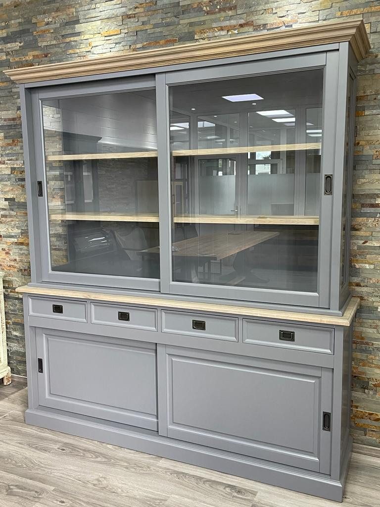 Wohnpalast Glasvitrine Vitrinenschrank Neuss grau/eiche 200 cm Glasvitrine Wohnzimmer Vitrine