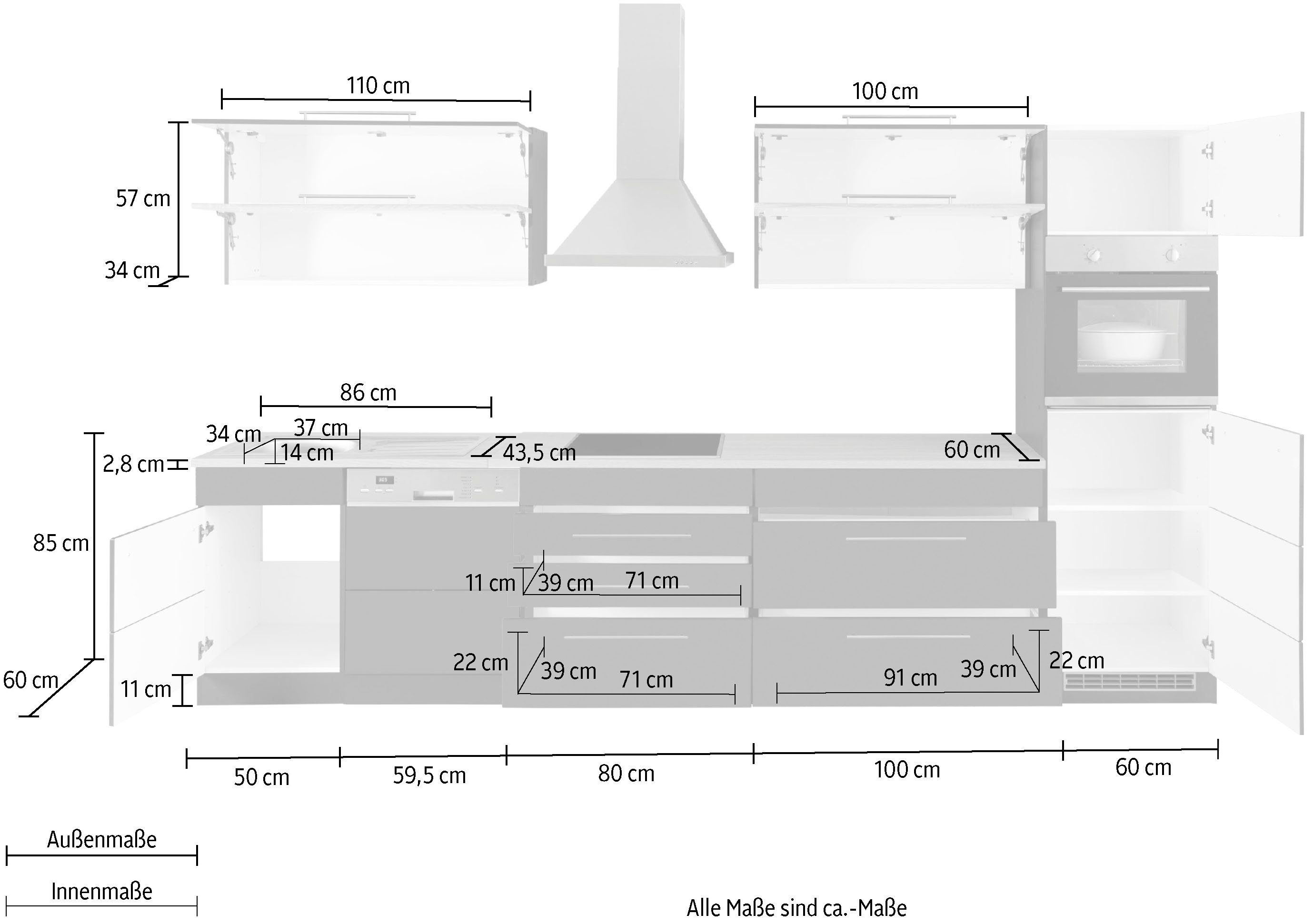 HELD MÖBEL Küchenzeile Wien, wotaneiche | weiß Induktion weiß/wotaneiche-wotaneiche mit wahlweise Breite | 350 cm, E-Geräten und