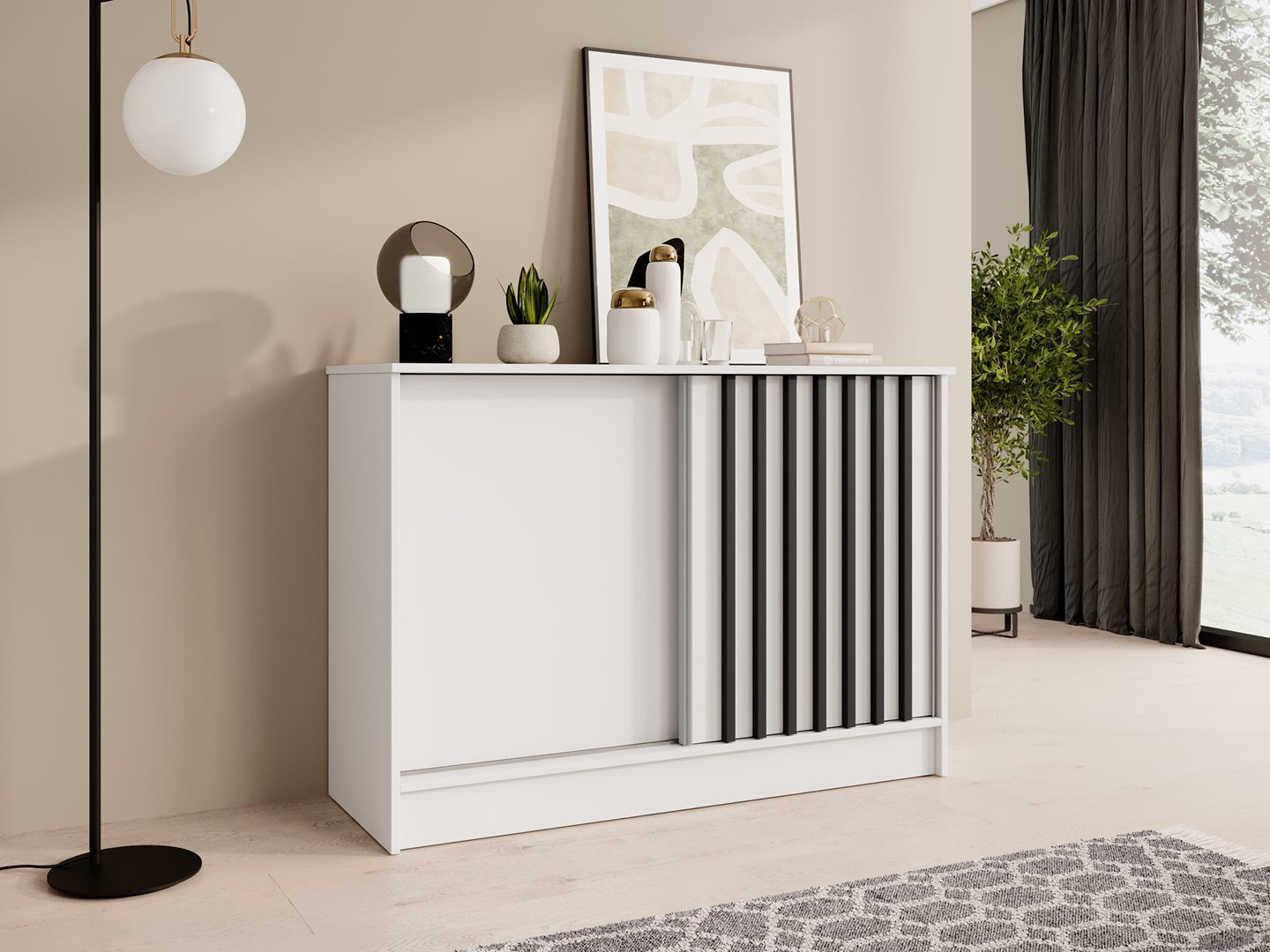 Beautysofa Kommode mit 2 Schiebetüren HORIZON (in 120 cm oder 160 cm, verschiedene Farben: Eiche Artisan, Schwarz, Weiß, Kaschmir), mit dekorativen Lamellen