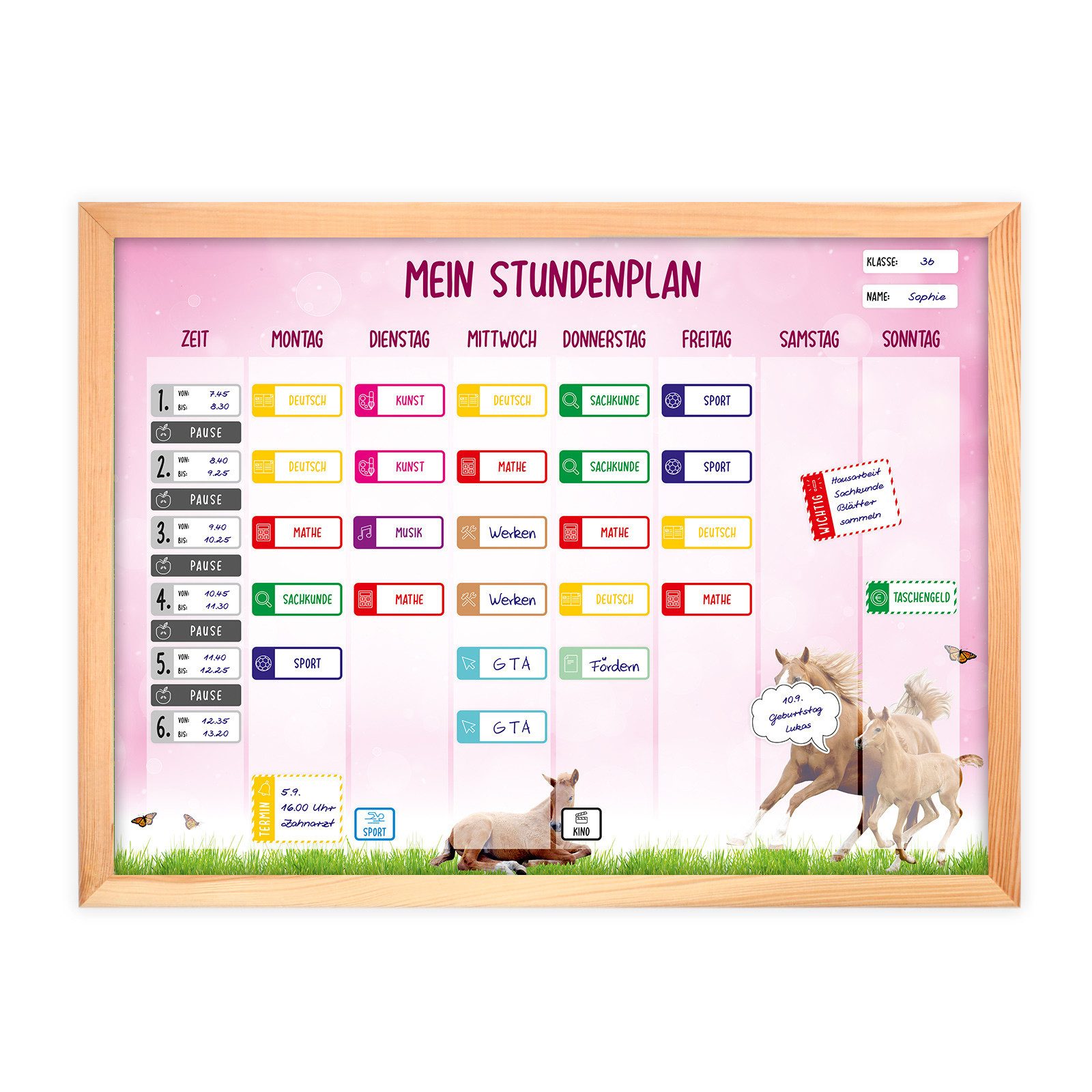 nikima Schreibtischkalender magnetischer Stundenplan Pferde rosa mit 90 Magneten
