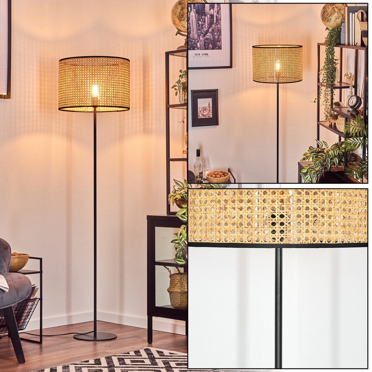 hofstein Stehlampe Stehlampe aus Metall/Wiener Geflecht/Rattan in Schwarz/N günstig online kaufen