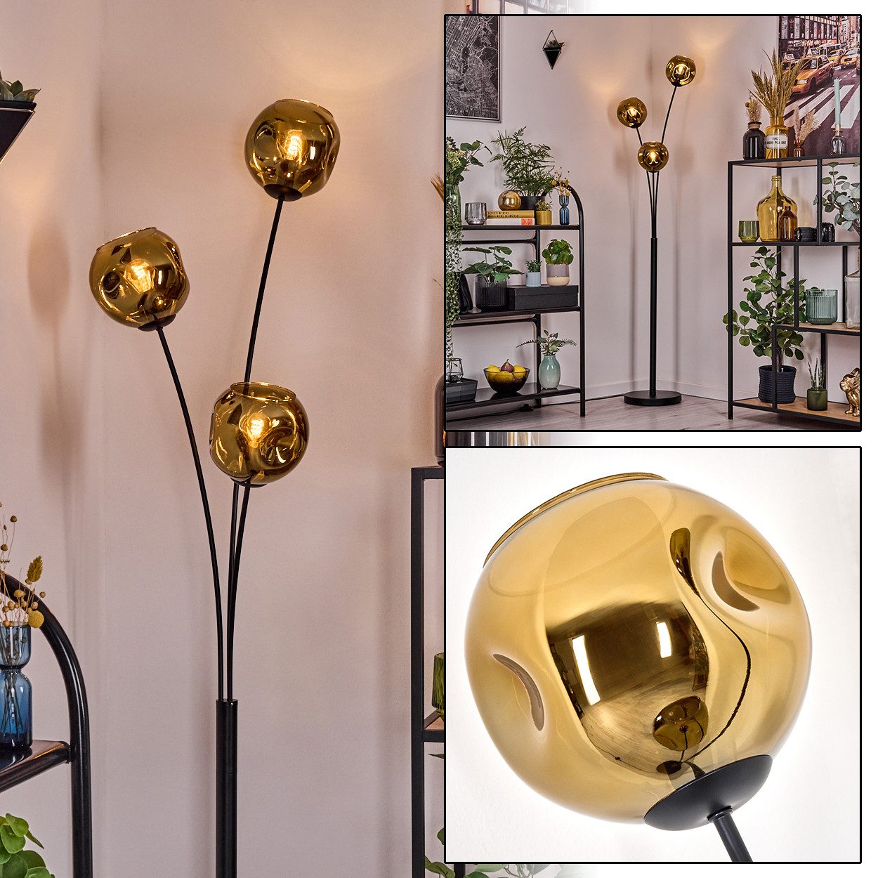 Stehlampe Stehlampe aus Metall/Glas in Schwarz/Goldfarben