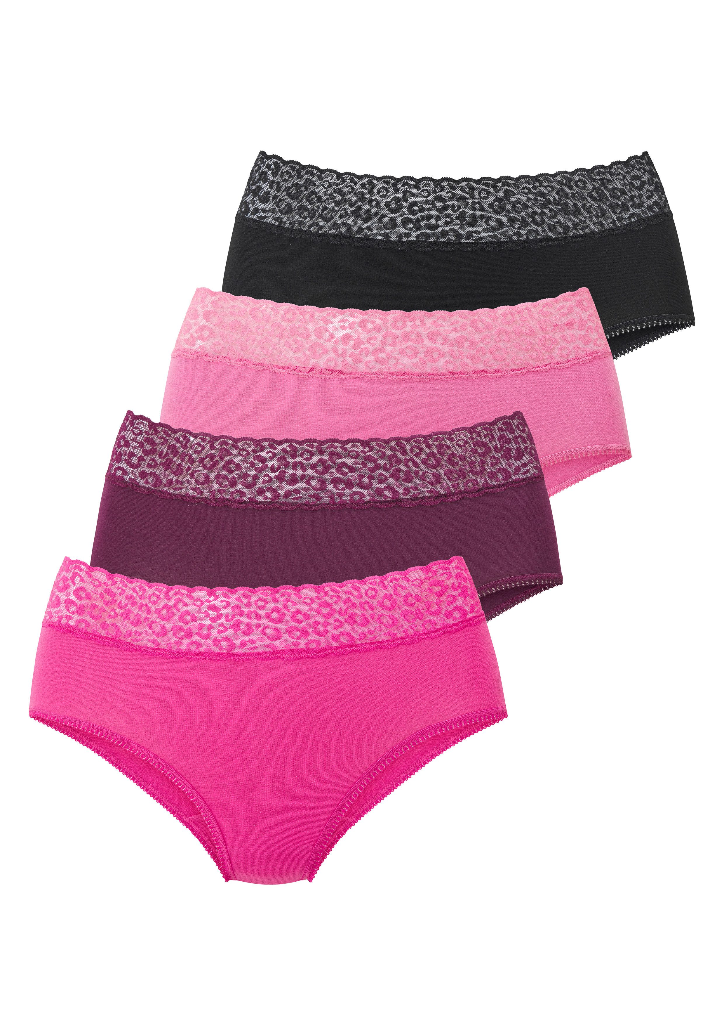 LASCANA Taillenslip (4er Pack) aus elastischer Baumwolle mit Leo-Spitze am Bund