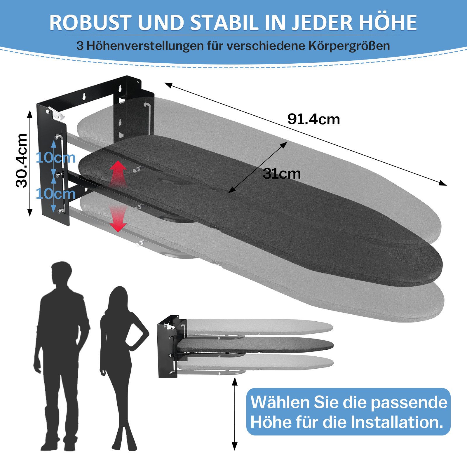 XERSEK Aktivbügeltisch Bügelbrett Klappbar mit Wandmontage ist höhenverstellbar, Ironing Board, Platzsparende Bügelbretter für Wäschereien