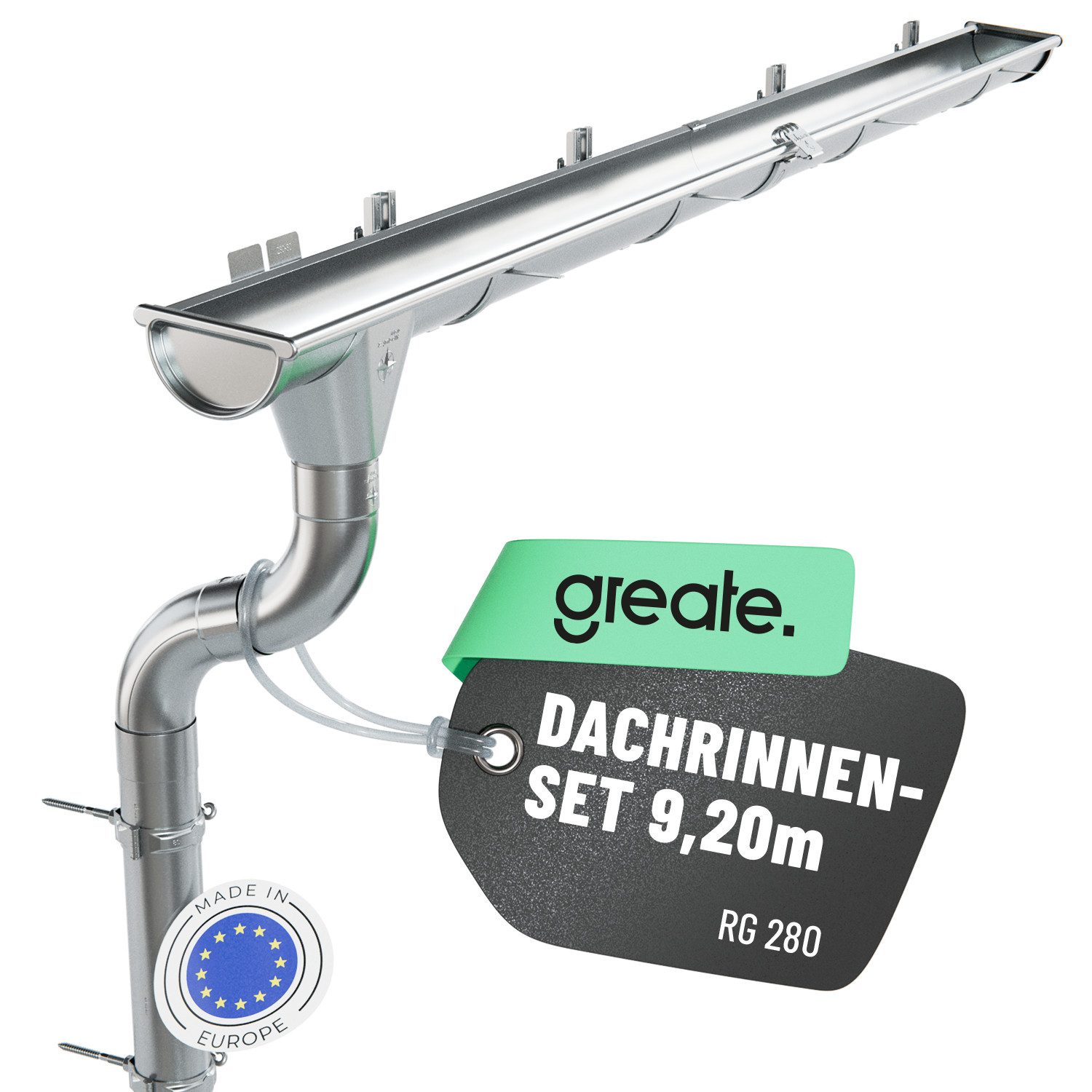 greate. Dachrinne 9,2 Meter Dachrinnen Set mit Fallrohr verzinkt - 280 Regenrinne,Hat einen hohen Korrosionsschutz und bietet eine lange Lebensdauer, 1-St., Einfache Montage ohne Kleben oder Schweißen