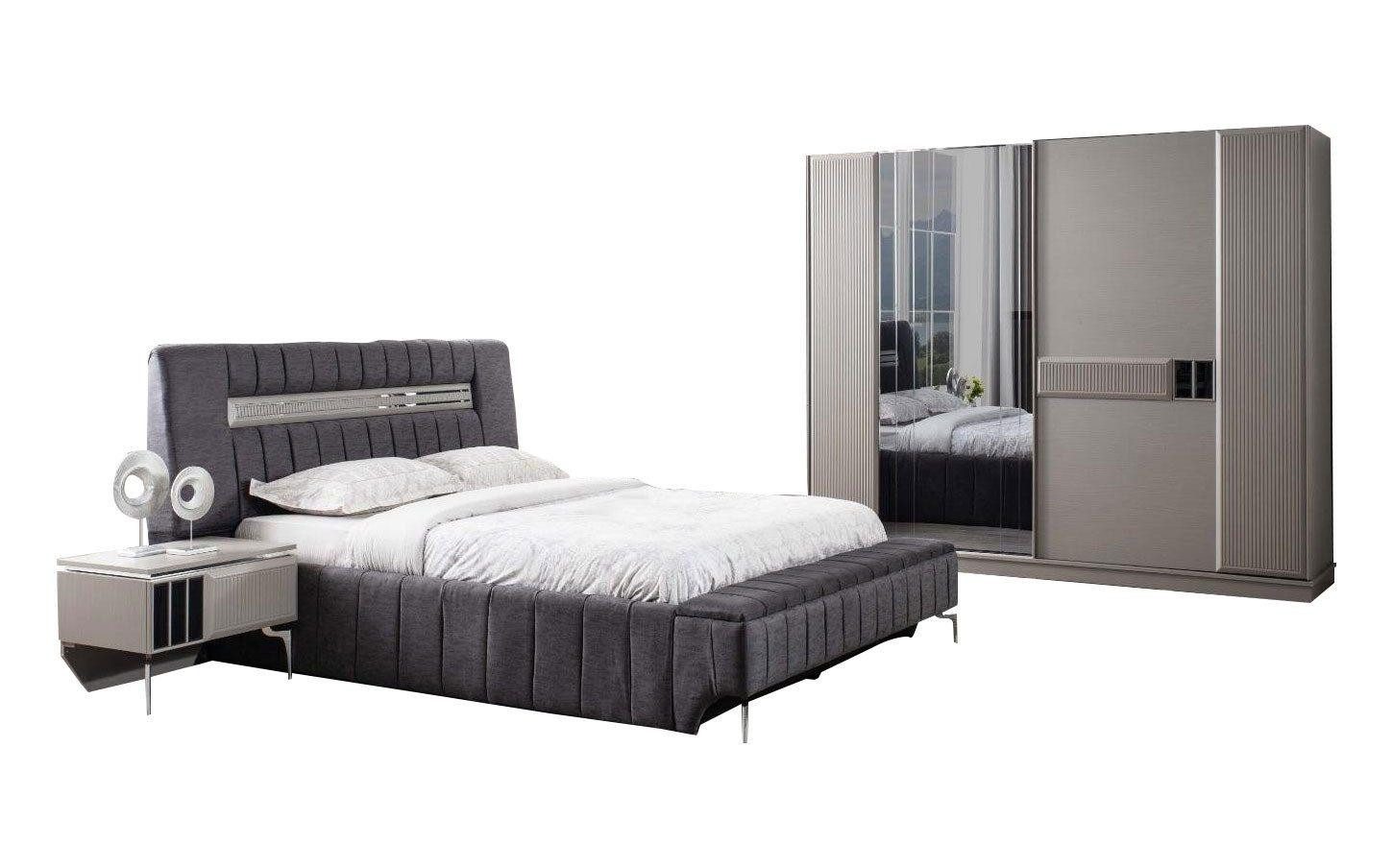 Schlafzimmer-Set Schlafzimmer Garnitur Doppelbett Bett Nachttische 4tlg Grau Schrank