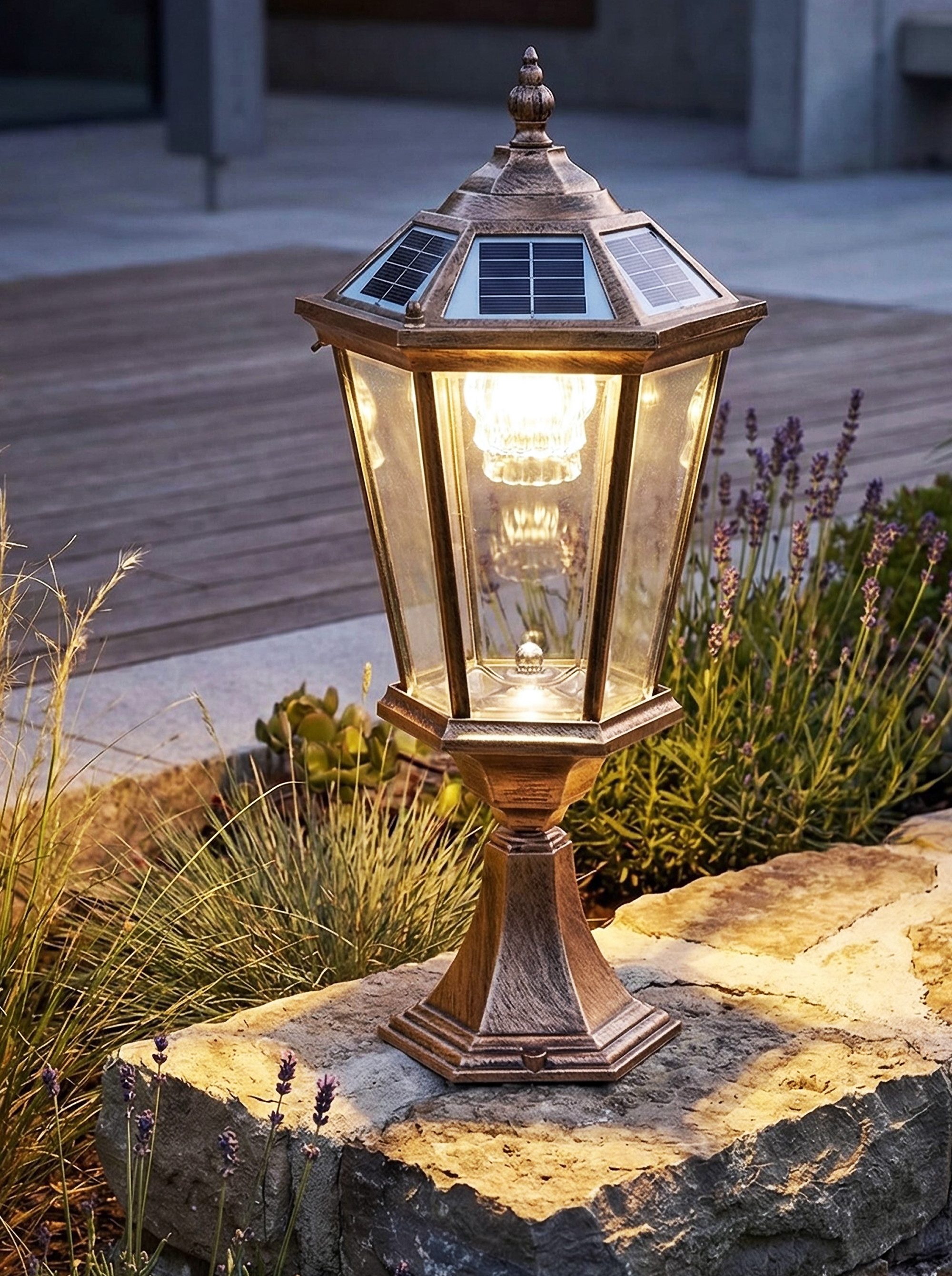 Arnusa LED Solarleuchte Sockelleuchte Außenleuchte Kupferoptik kabellos Akku Solar Laterne, Duo Color Farbeinstellung, LED fest integriert, warmweiß, kaltweiß, Duo Color Farbeinstellung helle Solarlampe