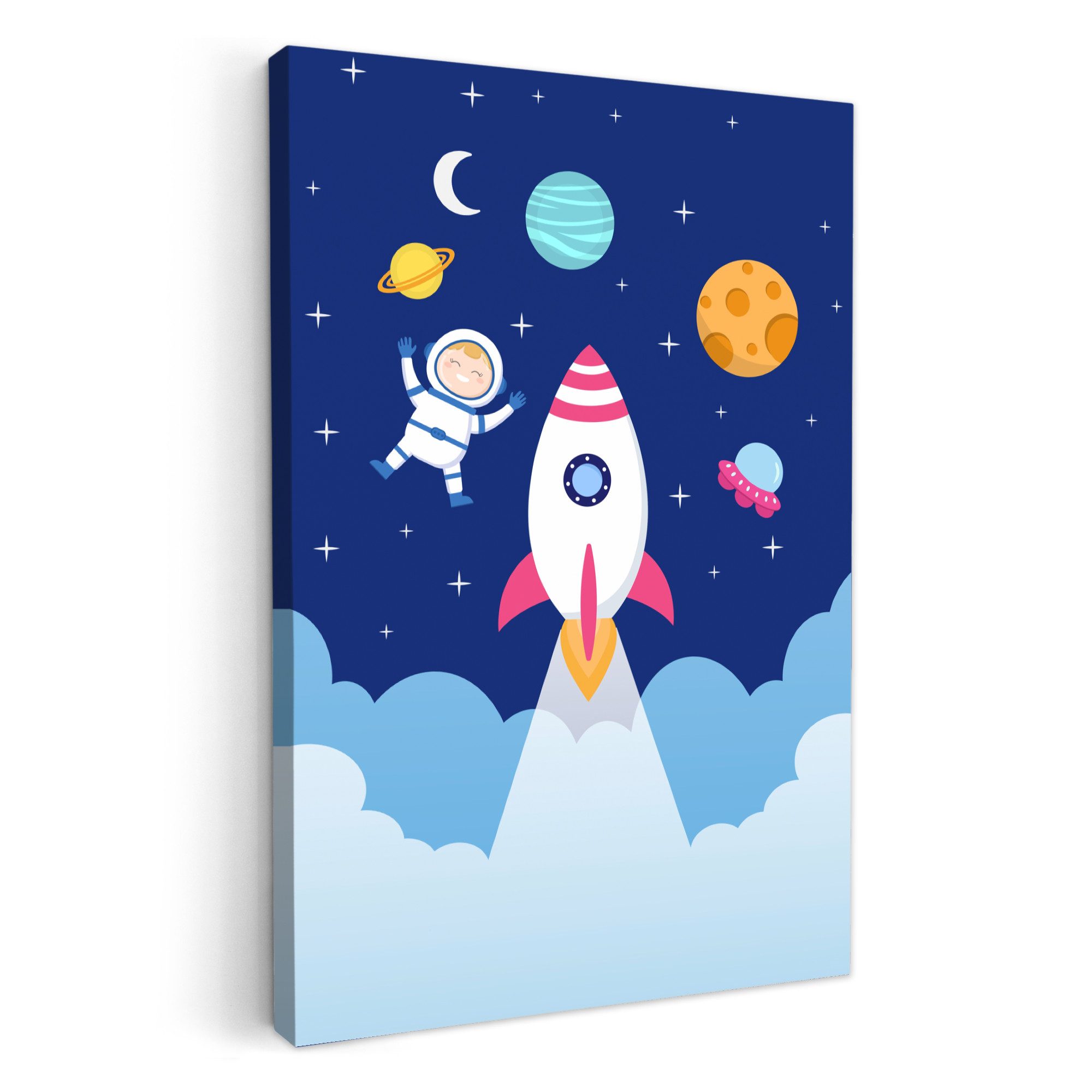 OneMillionCanvasses® Leinwandbild Rakete - Weltraum - Astronaut - Blau - Jungen, Fotodruck (1 St), Kinderzimmer Deko, Mädchen und Jungen Bilder 20x30 cm