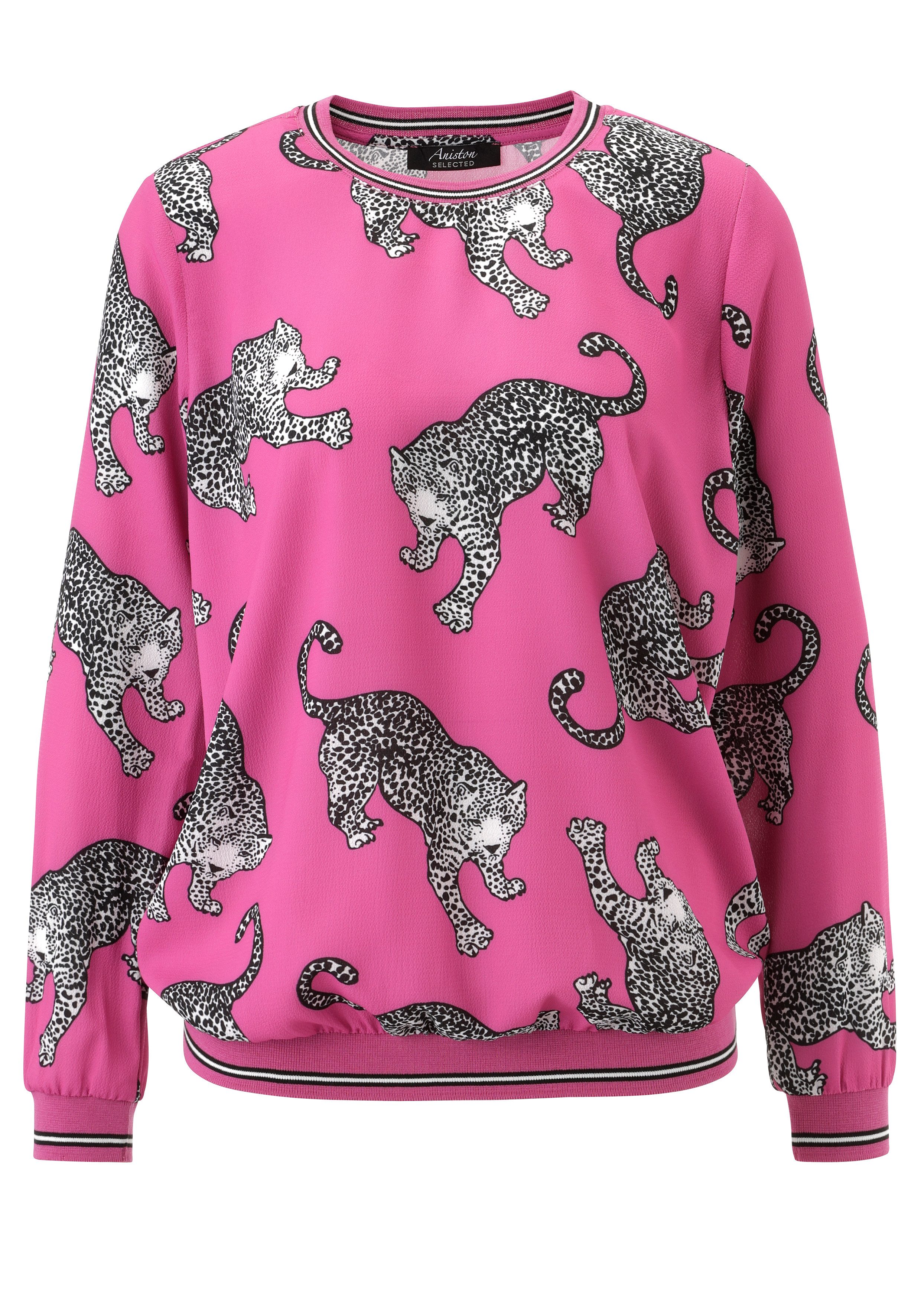 Aniston SELECTED Shirtbluse mit gestreiften Bündchen und Lepoarden-Druck allover
