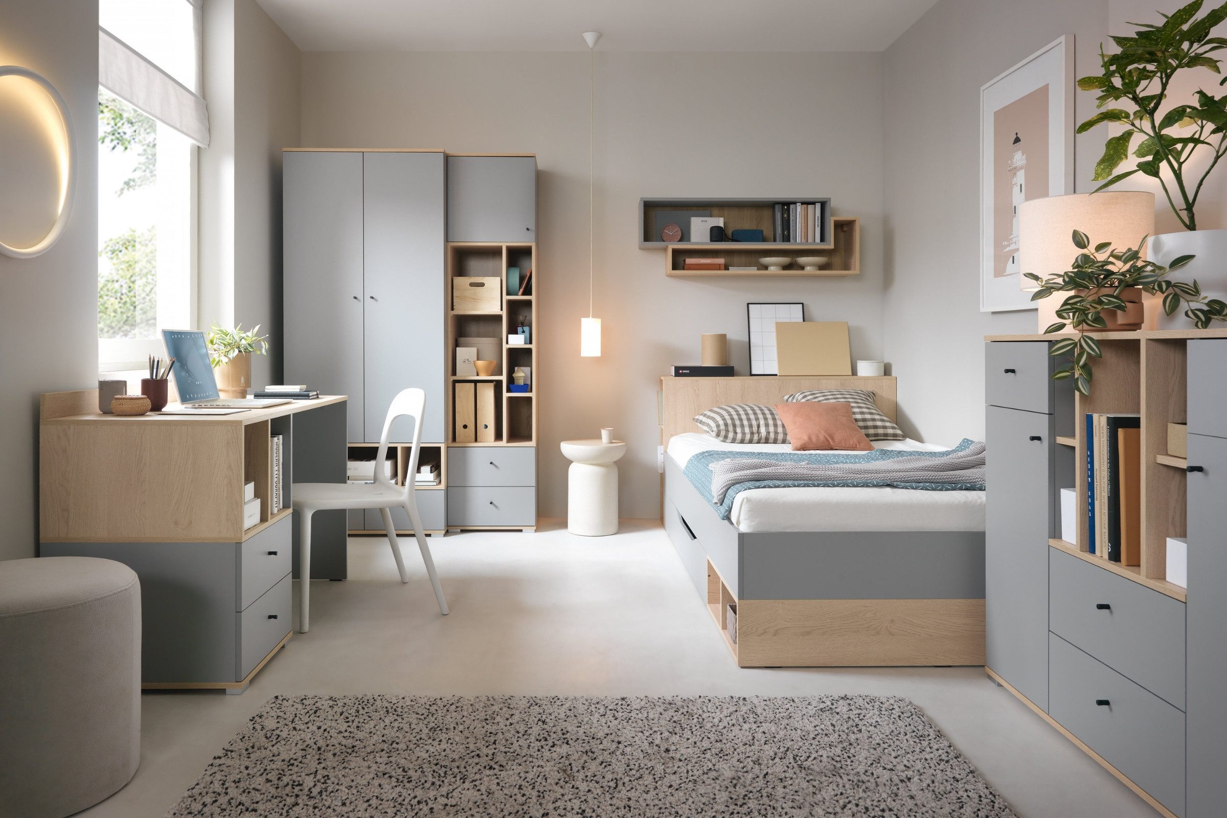 Deine Möbel 24 Hochkommode OLAF 04 Kommode Sideboard 120 cm breit (Set, 4 St., mit 4 Schubladen), OLAF Kollektion Kinderzimmer Jugendzimmer Grau Eiche