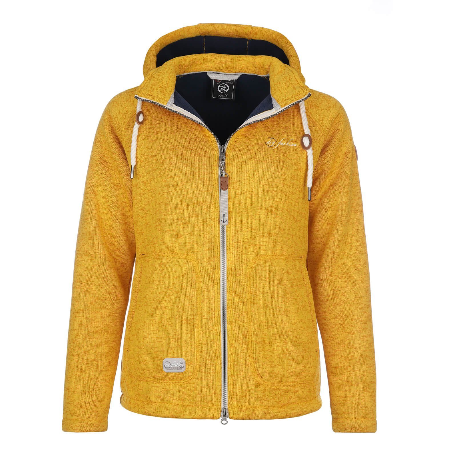 Dry Fashion Fleecejacke Damen Fleece-Jacke Strickjacke Föhr mit Kapuze und Reißverschluss gelb