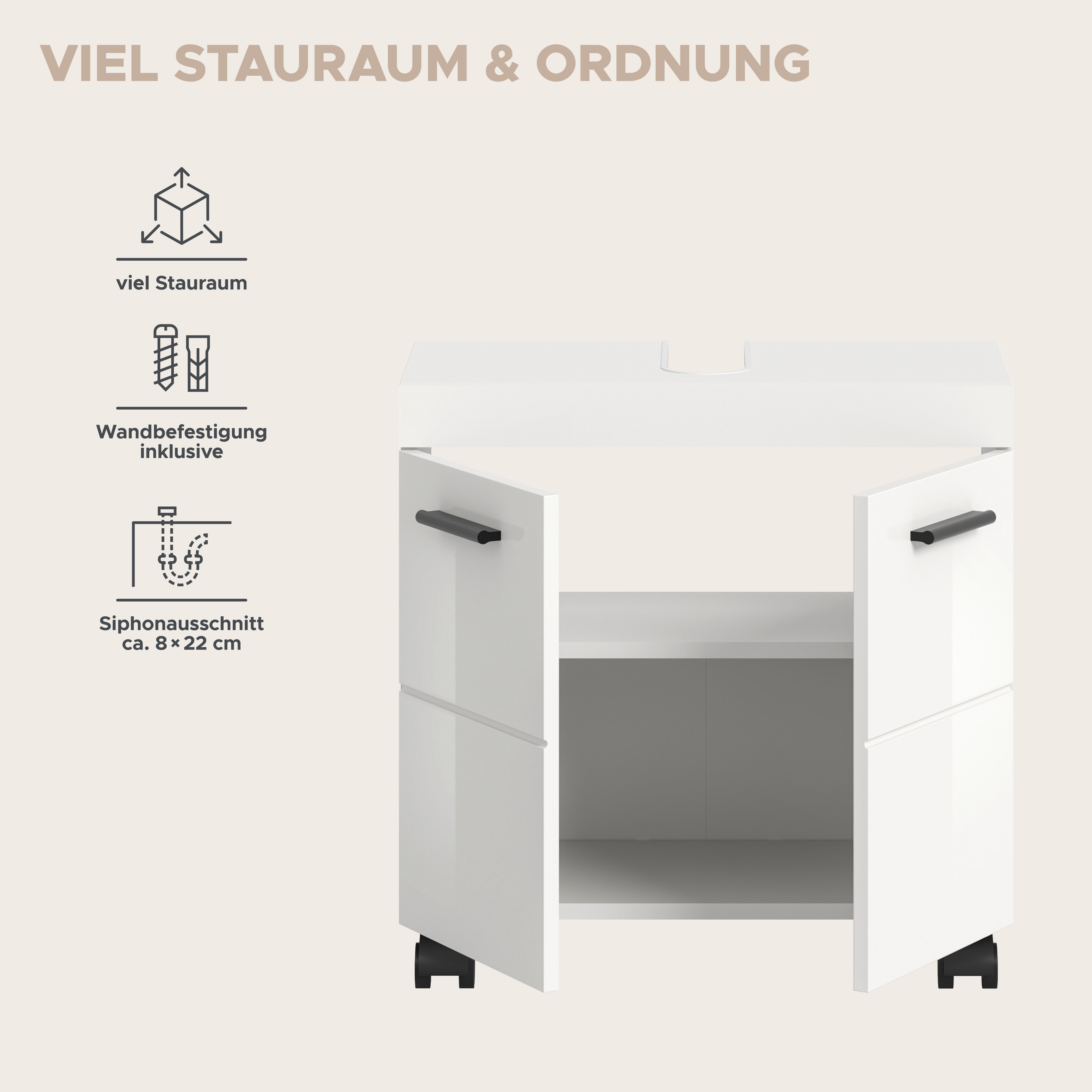 welltime Waschbeckenunterschrank AVON, Breite 60 cm, 2 Türen, 1 Einlegboden, 2 Fächer (mit Siphonausschnitt 22x8 cm, Rückwand mit Ausschitt) Badmöbel, Badschran – Bild 5 von 5