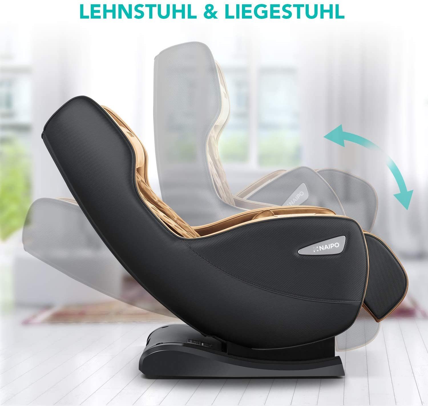 NAIPO Platzsparend mit Hellbraun-Schwarz-Aufbauservice Massagestuhl Massagesessel, Liegeposition, Bluetooth,