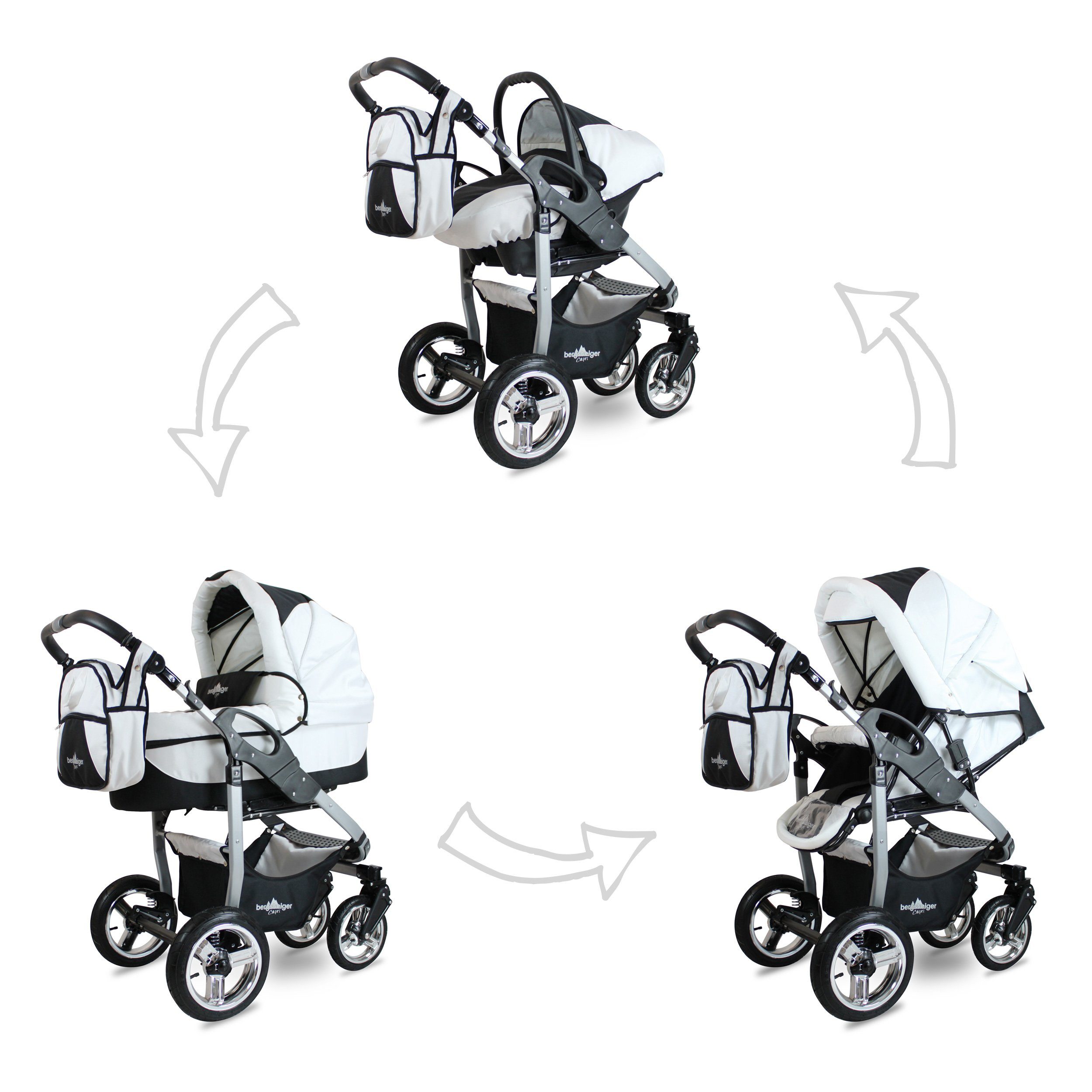 Kinder Kinderwagen bergsteiger Kombi-Kinderwagen Babywagen Capri 3in1, Kombikinderwagen Komplettset inkl. Zubehör - Babyschale, 