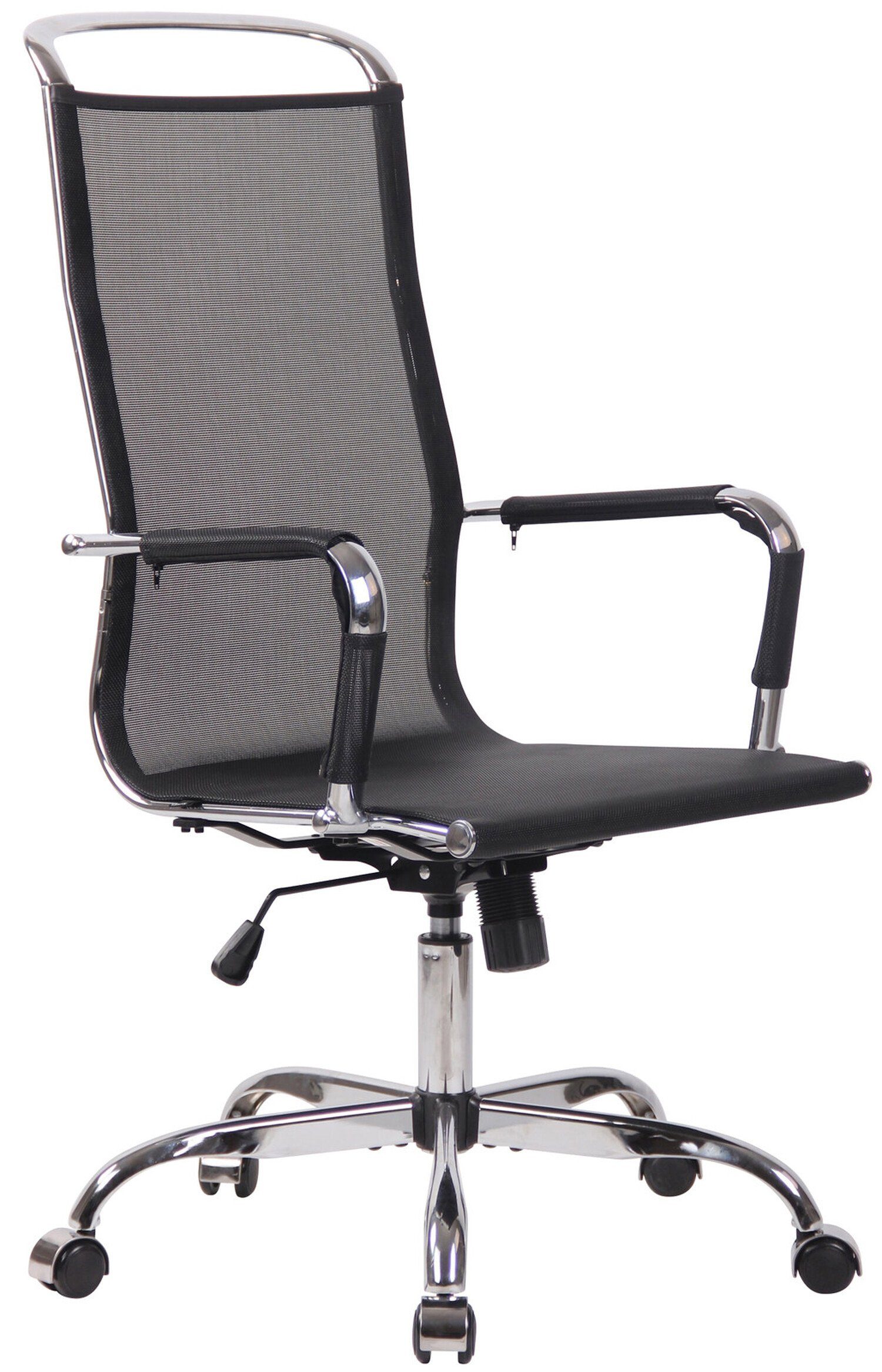TPFLiving Bürostuhl Brand mit bequemer ergonomisch geformter Rückenlehne (Schreibtischstuhl, Drehstuhl, Chefsessel, Gamingstuhl), Gestell: Metall chrom - Sitzfläche: Netzbezug schwarz