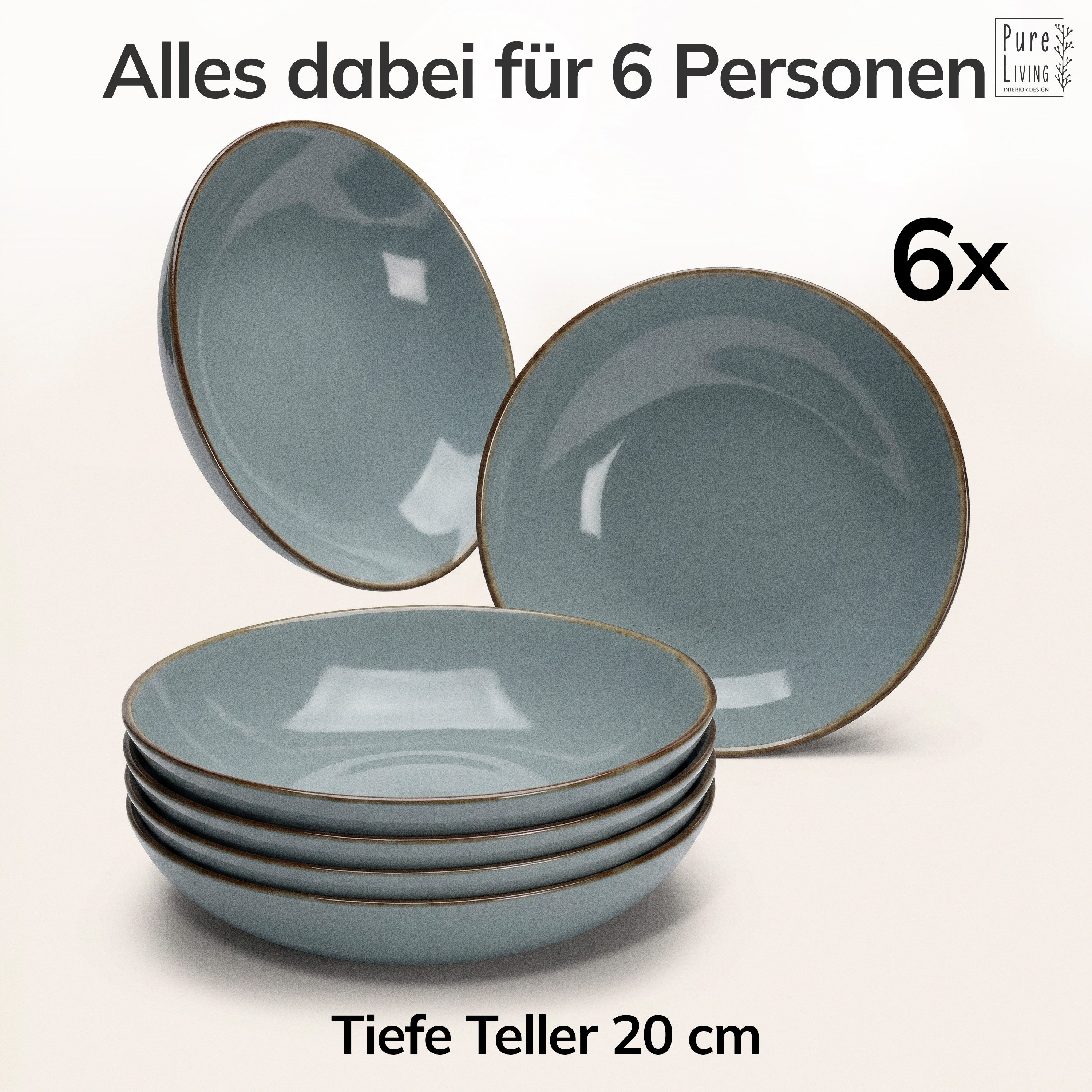 PURE LIVING INTERIOR DESIGN Geschirr-Set Suppenteller 6er 20cm »Rustic«, Steingut, Rauchblau (6-tlg), 6 Personen, Steingut – Bild 5 von 5