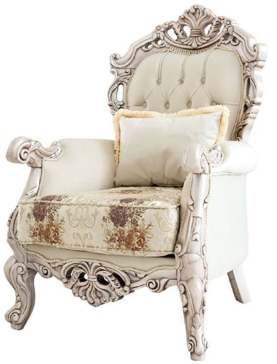 Casa Padrino Sessel Luxus Barock Wohnzimmer Sessel Cremefarben / Beige / Mehrfarbig / Antik Weiß - Prunkvoller Sessel mit elegantem Muster - Handgefertigte Barock Wohnzimmer Möbel