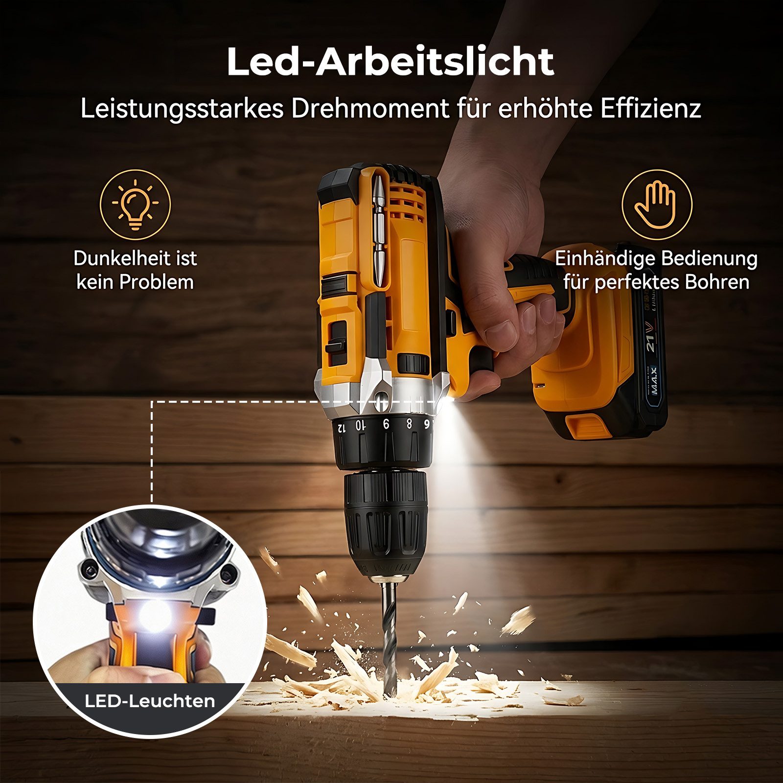 AKKEE Akku-Bohrschrauber Akkuschrauber und Bohrschrauber, Akku-Schrauber, Akkuschrauber Set, max. 1850 U/min, mit 2 x 2000mAh Akkus