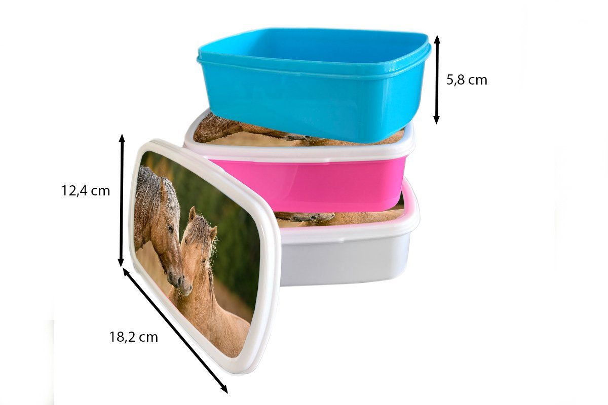 MuchoWow Lunchbox Nahaufnahme Kinder von kuschelnden für Jungs Erwachsene, Fjordpferden, Brotbox weiß (2-tlg), für Mädchen und Kunststoff, Brotdose, und