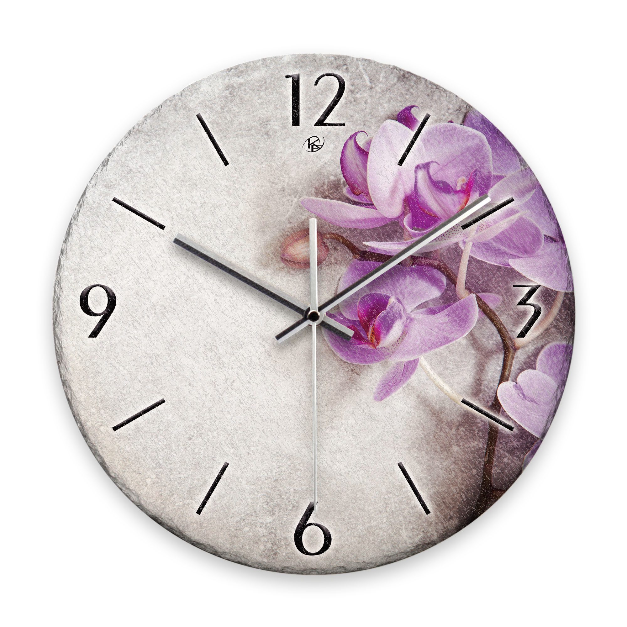 Kreative Feder Wanduhr Wanduhr „Orchidee“ aus Stein (Keramik) in Schiefer-Optik (ohne Ticken; Funk- oder Quarzuhrwerk; ⌀ 30cm; außergewöhnlich)