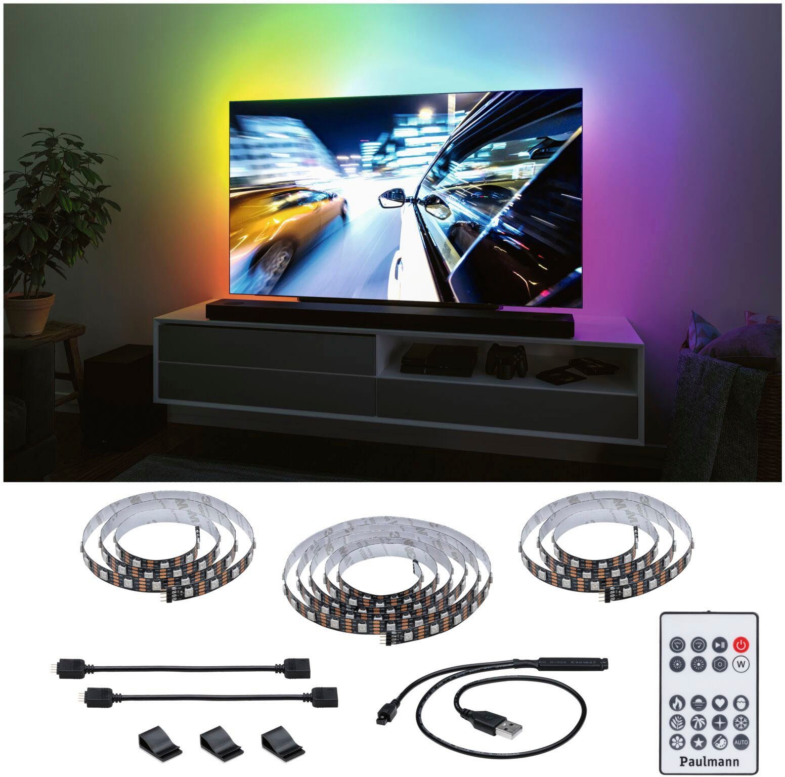 Paulmann LED-Streifen USB LED Strip TV-Beleuchtung 75 Zoll 3,1m Dynamic  Rainbow RGB 5W, 1-flammig, LED Streifen mit stimmungsvollen  Farbwechselfunktion | LED-Stripes