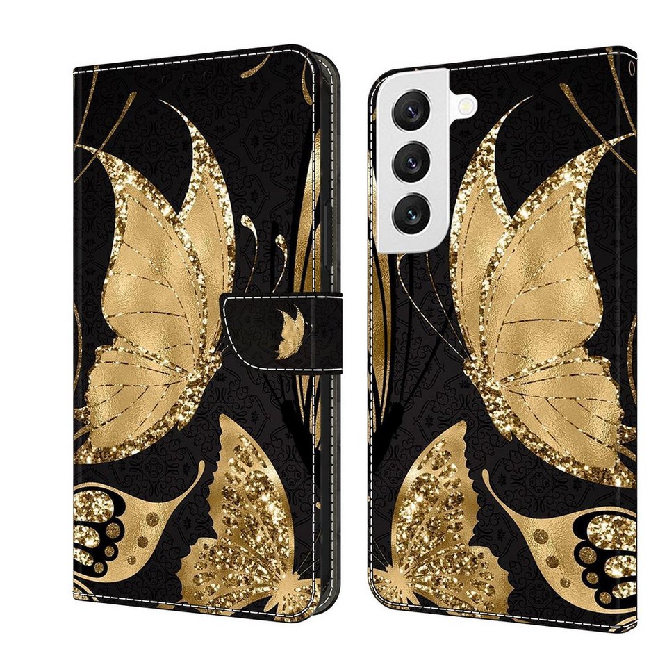CLM-Tech Handytasche für Samsung Galaxy S24 Hülle Tasche aus Kunstleder  Klapphülle (schwarz goldene Schmetterlinge, Handyhülle Wallet Flip Case  Cover Etui), Schutzhülle mit Standfunktion, Kartenfächer, und  Magnetverschluss