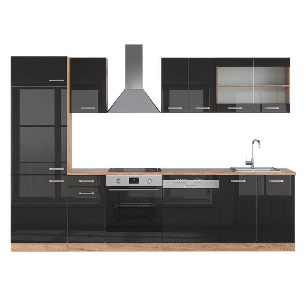 Vicco Küchenzeile R-Line, Schwarz Hochglanz/Goldkraft Eiche, günstig online kaufen