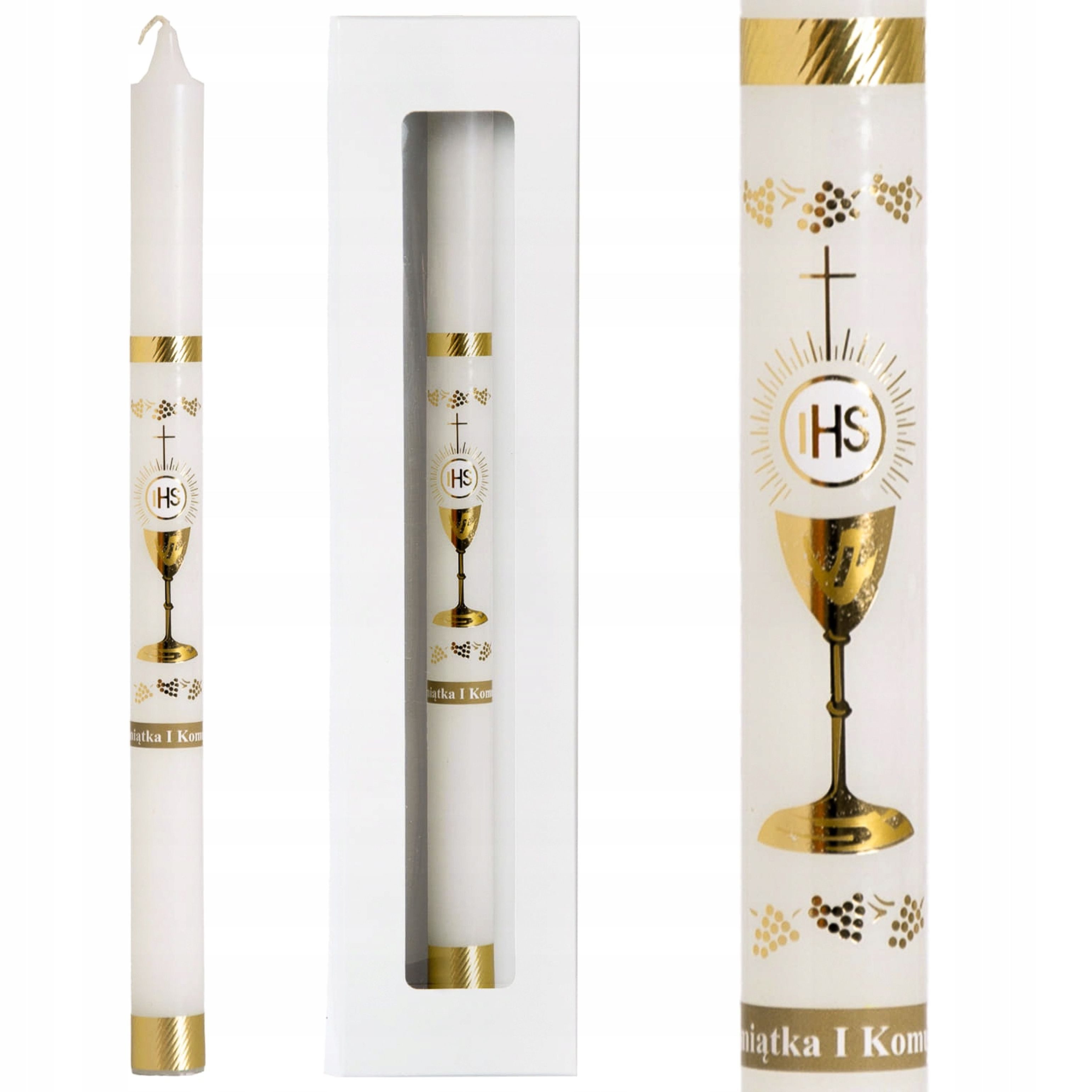 Sacramenta Kommunionskarte Handverzierte Kommunionkerze mit Kelch & Hostie – 40 cm – Weiß-Gold