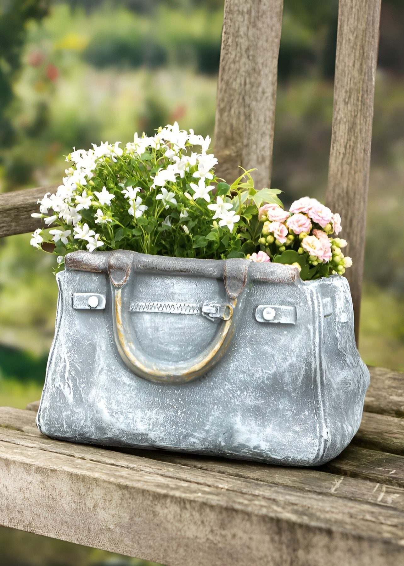 Dekoleidenschaft Blumentopf "Handtasche" in Stein Optik, Pflanztopf in Taschenform, Pflanzgefäß (1 St), Gartendeko für Draußen, Pflanzschale, Blumenschale, Übertopf