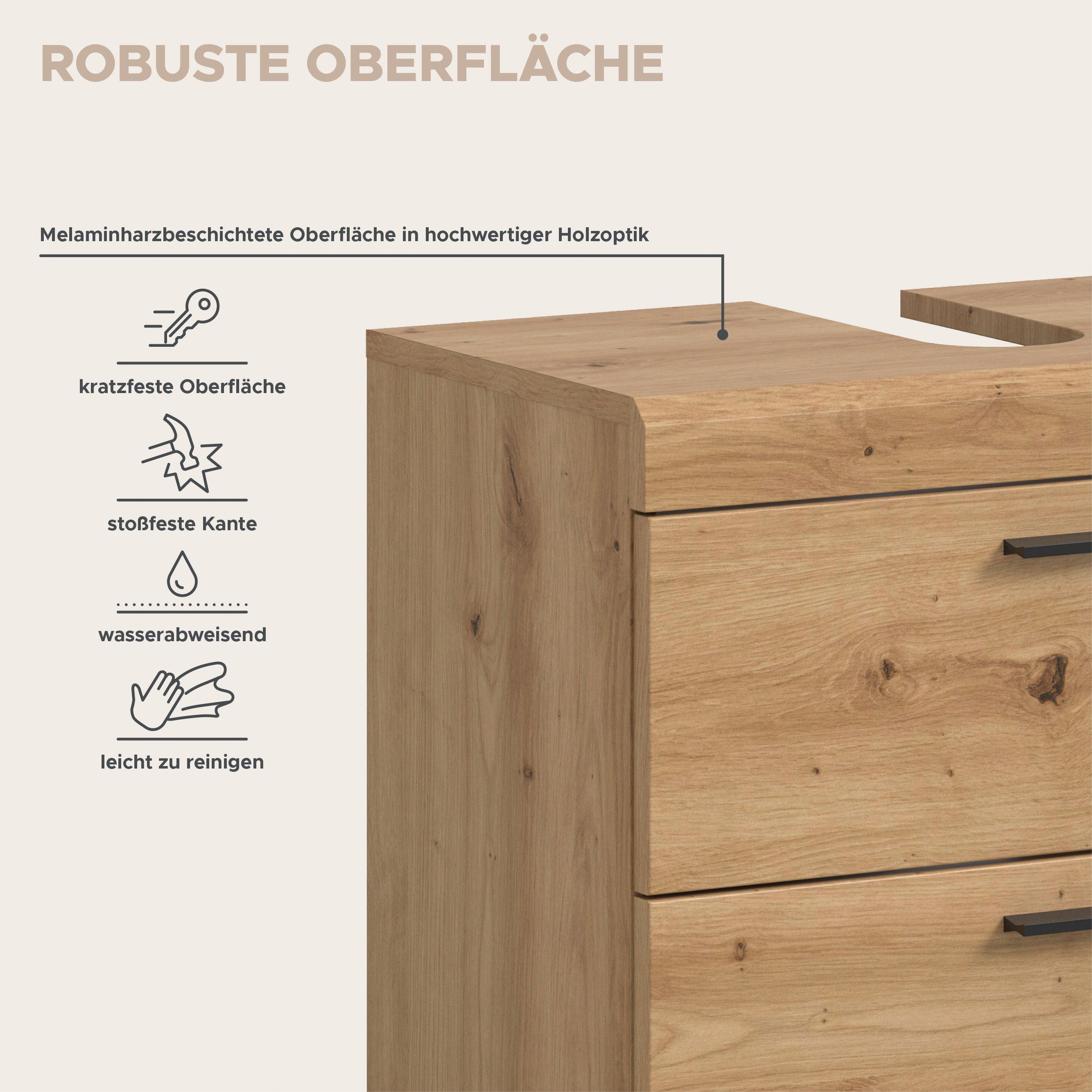 welltime Waschbeckenunterschrank SIENA, Breite 60cm, 2 Türen oder 2 Schubkästen, auf Rollen, MDF-Front (TOPSELLER!, mit Siphonausschnitt 10x25 cm) in verschiedenen Farben erhältlich, Badmöbel, Badschrank, Kommode, Bad
