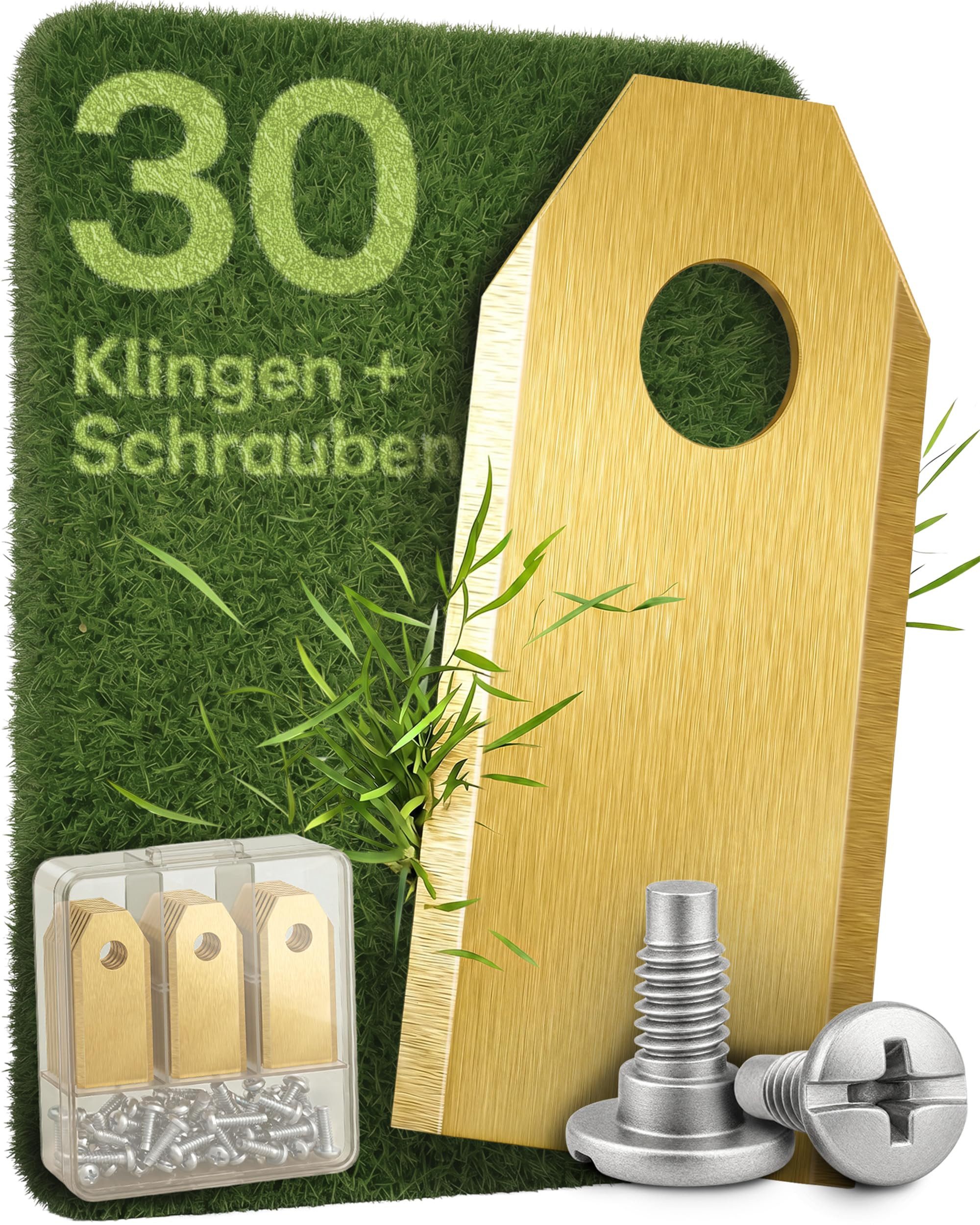 Praknu Mährobotermesser Titan-Mährobotermesser Set 30 St. Edelstahl scharf inkl. Schrauben (30er Set, 30 St. Messer + 30 Schrauben + Box, Husqvarna/Gardena/Yard Force), Titanbeschichtet, scharf, rostbeständige Schrauben, einfacher Wechsel von Praknu