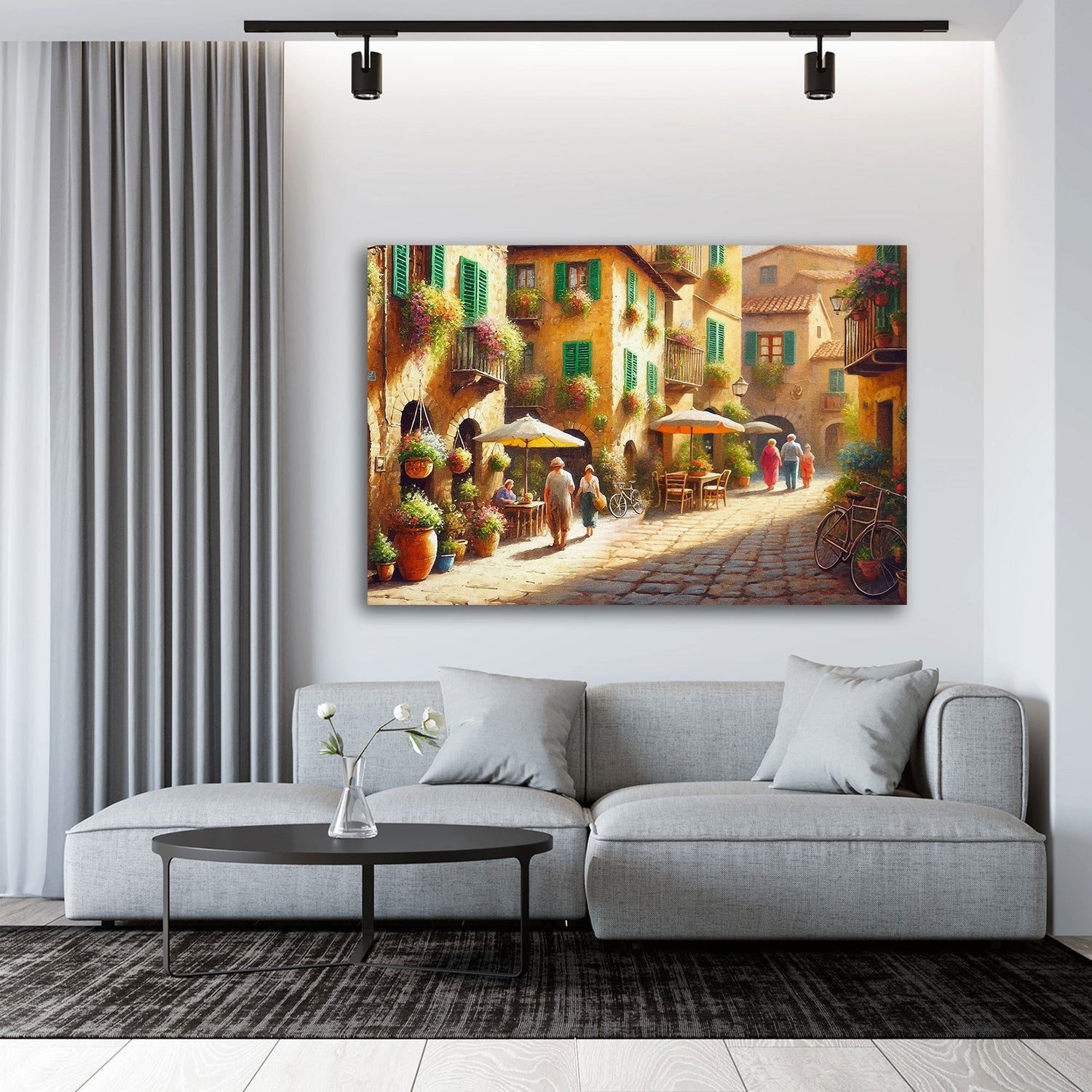 Artedinoi Leinwandbild Toskana Gasse Blumen Café Leinwandbild Wandbild XXL Deko, Toskana-Gasse mit Blumen