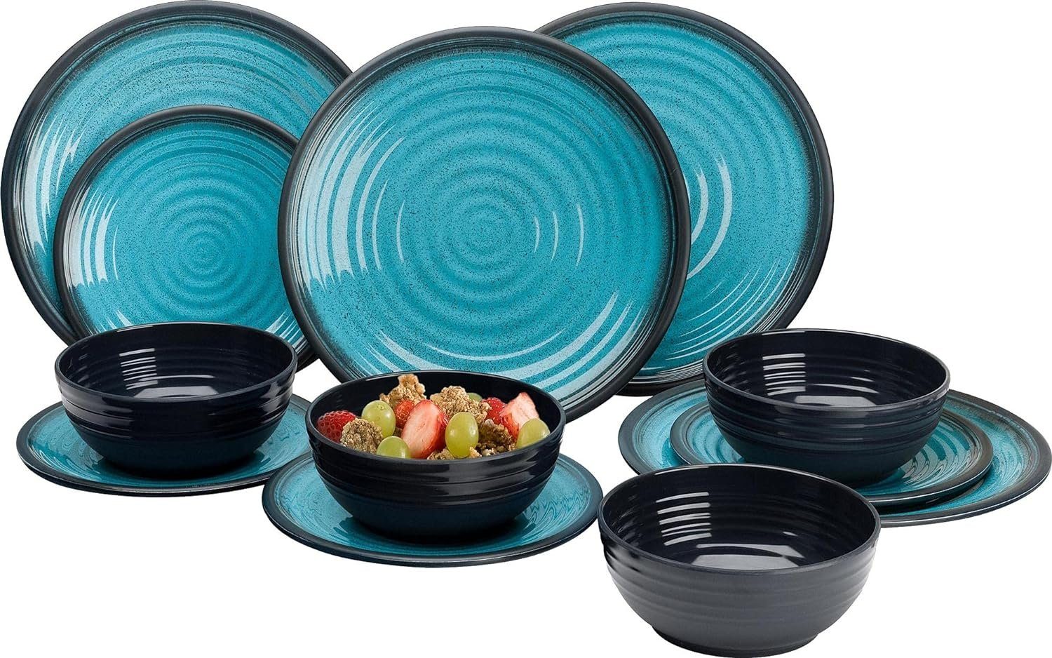 HEKERS Geschirr-Set Melamin-Set Premium Granite-Aqua (12-tlg) | Geschirr-Sets