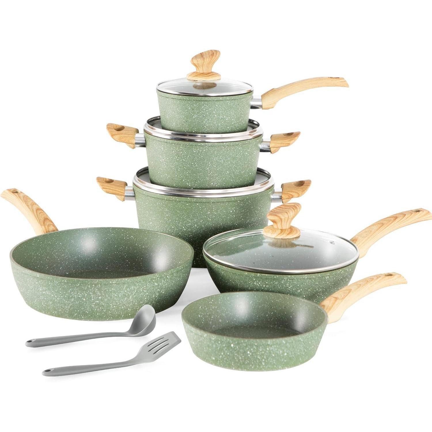 LuxusKollektion Topf-Set 12-teiliges grünes Kochgeschirr Set für Induktion, PFAS-frei