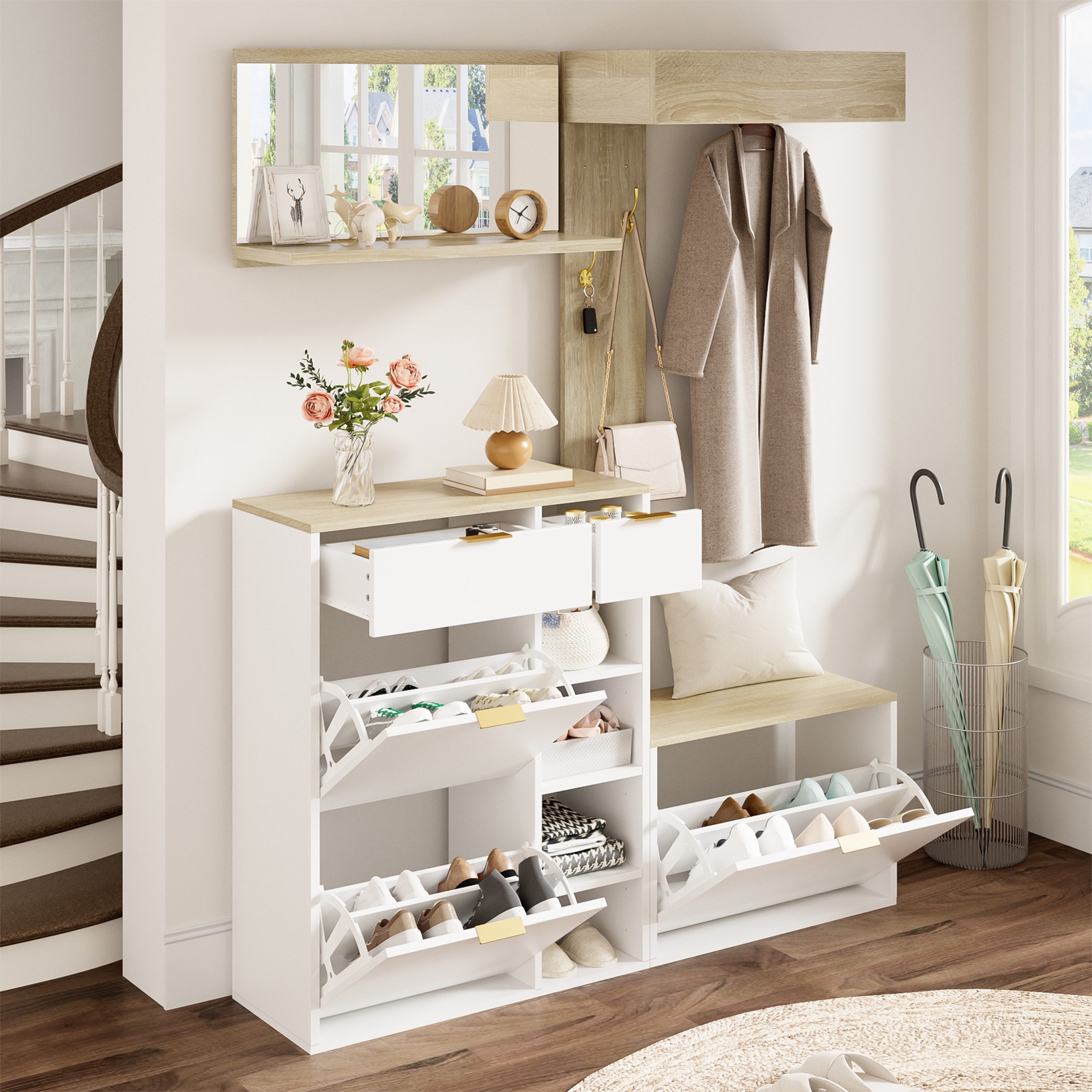 HAUSS SPOLE Garderoben-Set 4-tlg Flurgarderoben mit Schuhschrank&Sitzbank,Spiegel&Wandgarderobe, (4-in-1-Flurgarderoben-Set aus Robuste Spanplatten-Konstruktion, mit 2 Schubladen und verstellbaren Einlegeböden), anglebig und alltagstauglich