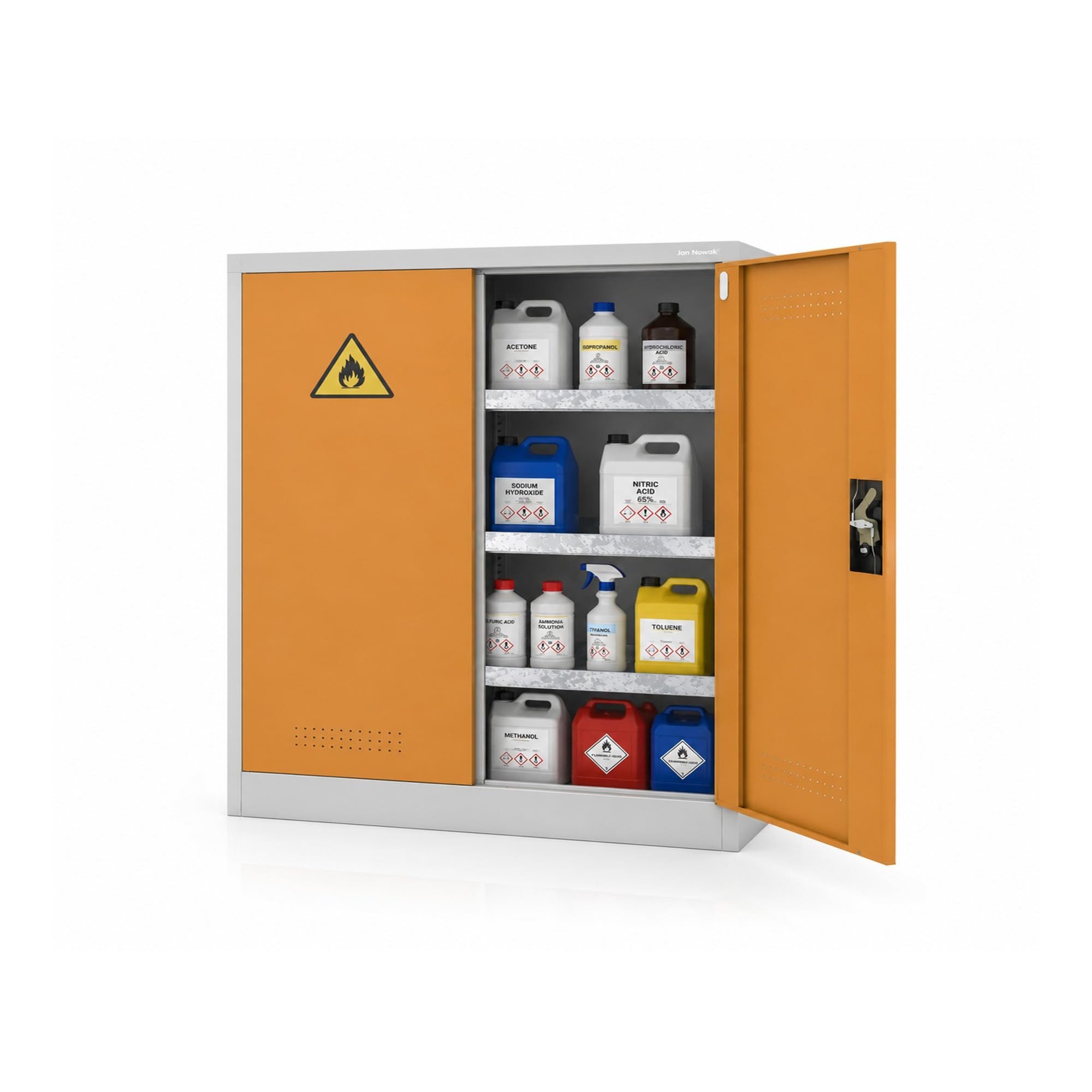 Jan Nowak Mehrzweckschrank Chemikalienschrank IRENE niedrig 100 cm 2 Schalen Lüftung BHP (Gefahrstoffschrank Doppeltür Werkstatt Magazin Labor, 1-St., 0,6 mm 104 x 100 x 40 cm 3-Punkt-Schloss Grau-Gelb robust) Warnpiktogramm abschließbar korrosionsbeständig langlebig