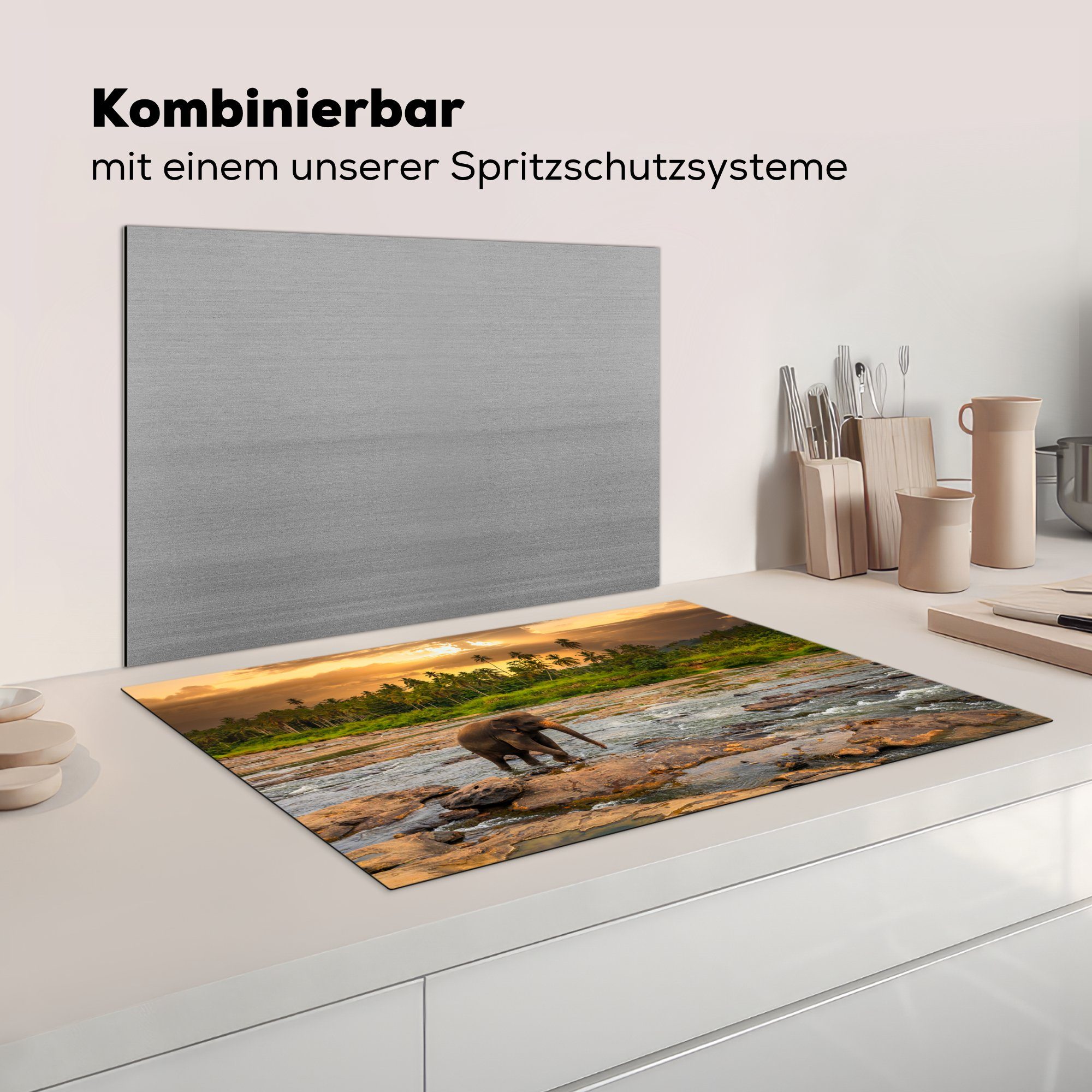 81x52 Schutz cm, Induktionskochfeld Elefant Vinyl, Wilder tlg), in einem Sri, felsigen Fluss Herdblende-/Abdeckplatte Sonnenuntergang MuchoWow (1 Ceranfeldabdeckung bei für die in küche,